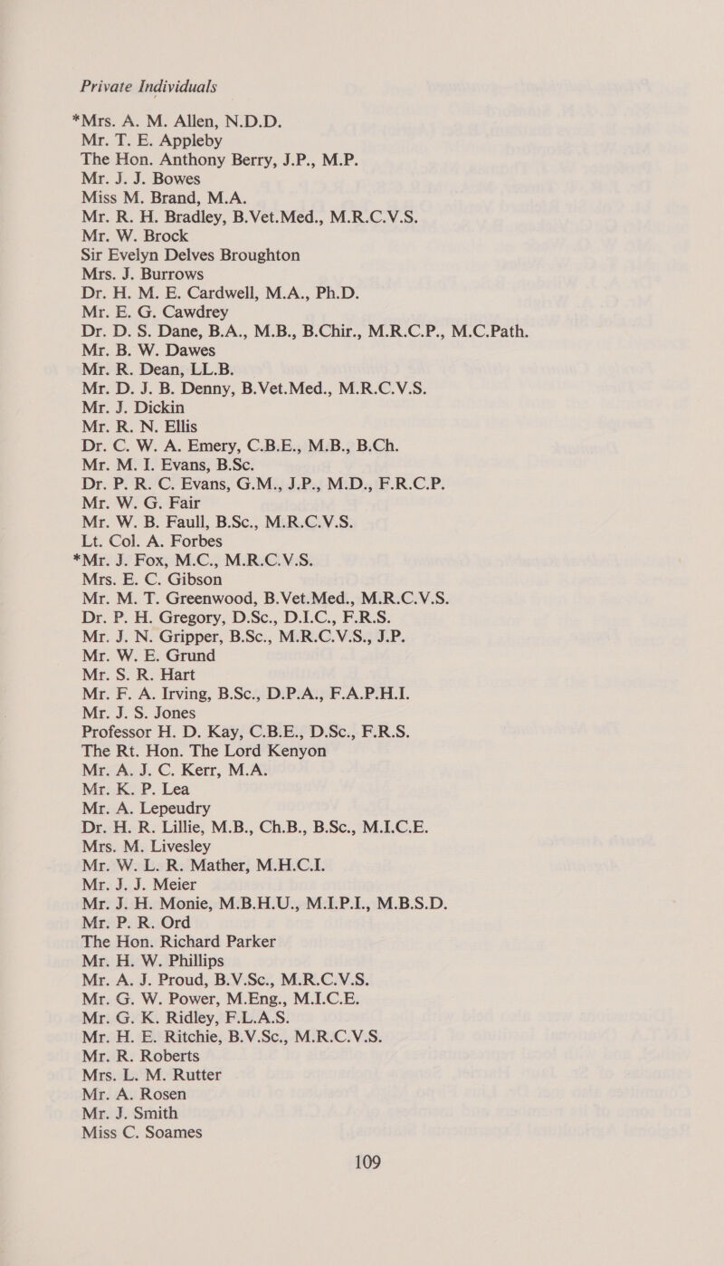 Private Indi viduals | *Mrs. A. M. Allen, N.D.D. Mr. T. E. Appleby The Hon. Anthony Berry, J.P., M.P. Mr. J. J. Bowes Miss M. Brand, M.A. Mr. R. H. Bradley, B.Vet.Med., M.R.C.V.S. Mr. W. Brock Sir Evelyn Delves Broughton Mrs. J. Burrows Dr. H. M. E. Cardwell, M.A., Ph.D. Mr. E. G. Cawdrey Dr. D. S. Dane, B.A., M.B., B.Chir., M.R.C.P., M.C.Path. Mr. B. W. Dawes Mr. R. Dean, LL.B. | Mr. D. J. B. Denny, B.Vet.Med., M.R.C.V.S. Mr. J. Dickin Mr. R. N. Ellis Dr. C. W. A. Emery, C.B.E., M.B., B.Ch. Mr. M. I. Evans, B.Sc. Dr. P. R. C. Evans, G.M., J.P., M.D., F.R.C.P. Mr. W. G. Fair Mr. W. B. Faull, B.Sc., M.R.C.V.S. Lt. Col. A. Forbes *Mr. J. Fox, M.C., M.R.C.V.S. Mrs. E. C. Gibson Mr. M. T. Greenwood, B.Vet.Med., M.R.C.V.S. Dr. P. H. Gregory, D.Sc., D.ILC., F.R.S. Mr. J. N. Gripper, B.Sc., M.R.C.V.S., J.P. Mr. W. E. Grund Mr. S. R. Hart Mr. F. A. Irving, B.Sc., D.P.A., F.A.P.H.I. Mr. J. S. Jones Professor H. D. Kay, C.B.E., D.Sc., F.R.S. The Rt. Hon. The Lord Kenyon Mr. A. J. C. Kerr, M.A. Mr. K. P. Lea Mr. A. Lepeudry Dr. H. R. Lillie, M.B., Ch.B., B.Sc., M.I.C.E. Mrs. M. Livesley Mr. W. L. R. Mather, M.H.C.I. Mr. J. J. Meier Mr. J. H. Monie, M.B.H.U., M.I.P.I., M.B.S.D. Mr. P. R. Ord The Hon. Richard Parker Mr. H. W. Phillips Mr. A. J. Proud, B.V.Sc., M.R.C.V.S. Mr. G. W. Power, M.Eng., M.I.C.E. Mr. G. K. Ridley, F.L.A.S. Mr. H. E. Ritchie, B.V.Sc., M.R.C.V.S. Mr. R. Roberts Mrs. L. M. Rutter Mr. A. Rosen Mr. J. Smith Miss C. Soames