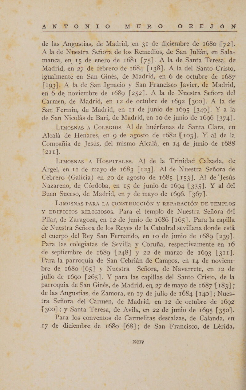 de las Angustias, de Madrid, en 31 de diciembre de 1680 [72]. A la de Nuestra Señora de los Remedios, de San Julián, en Sala- manca, en 15 de enero de 1681 [75]. A la de Santa Teresa, de Madrid, en 27 de febrero: de 1684 [138]. A la del Santo Cristo, igualmente en San Ginés, de Madrid, en 6 de octubre de 1687 [193]. A la de San Ignacio y San Francisco Javier, de Madrid, en 6 de noviembre de 1689 [252]. A la de Nuestra Señora del Carmen, de Madrid, en 12 de octubre de 1692 [300]. A la de San Fermín, de Madrid, en 11 de junio de 1695 [349]. Y a la de San Nicolás de Bari, de Madrid, en 10 de junio de 1696 [374]. LimosNas A CoLeGIOS. Al de huérfanas de Santa Clara, en Alcalá de Henares, en 9 de agosto de 1682 [103]. Y, al de la Compañía de Jesús, del mismo Alcalá, en 14 de junio de 1688 211]. LimosNas A HosPITALES. Al de la Trinidad Calzada, de Argel, en 11 de mayo de 1683 [123]. Al de Nuestra Señora de Cebrero (Galicia) en 20 de agosto de 1685 [153]. Al de Jesús Nazareno, de Córdoba, en 15 de junio de 1694 [335]. Y al del Buen Suceso, de Madrid, en 7 de mayo de 1696. [367]. LIMOSNAS PARA LA CONSTRUCCIÓN Y REPARACIÓN DE TEMPLOS Y EDIFICIOS RELIGIOSOS. Para el templo de Nuestra Señora del Pilar, de Zaragoza, en 12 de junio de 1686 [165]. Para la capilla de Nuestra Señora de los Reyes de la Catedral sevillana donde está el cuerpo del Rey San Fernando, en 10 de junio de 1689 [239]. Para las colegiatas de Sevilla y Coruña, respectivamente en 16 de septiembre de 1689 [248] y 22 de marzo de 1693 [311]. Para la parroquia de San Cebrián de Campos, en 14 de noviem- bre de 1680 [65] y Nuestra Señora, de Navarrete, en 12 de julio de 1690 [265]. Y para las capillas del Santo Cristo, de la parroquia de San Ginés, de Madrid, en, 27 de mayo de 1687 [183] ; de las Angustias, de Zamora, en 17 de julio de 1684 [140]; Nues- tra Señora del Carmen, de Madrid, en 12 de octubre de 1692 [300]; y Santa Teresa, de Avila, en 22 de junio de 1695 [350]. Para los conventos de Carmelitas descalzas, de Calanda, en 17 de diciembre de 1680 [68]; de San Francisco, de Lérida, . XCIV 