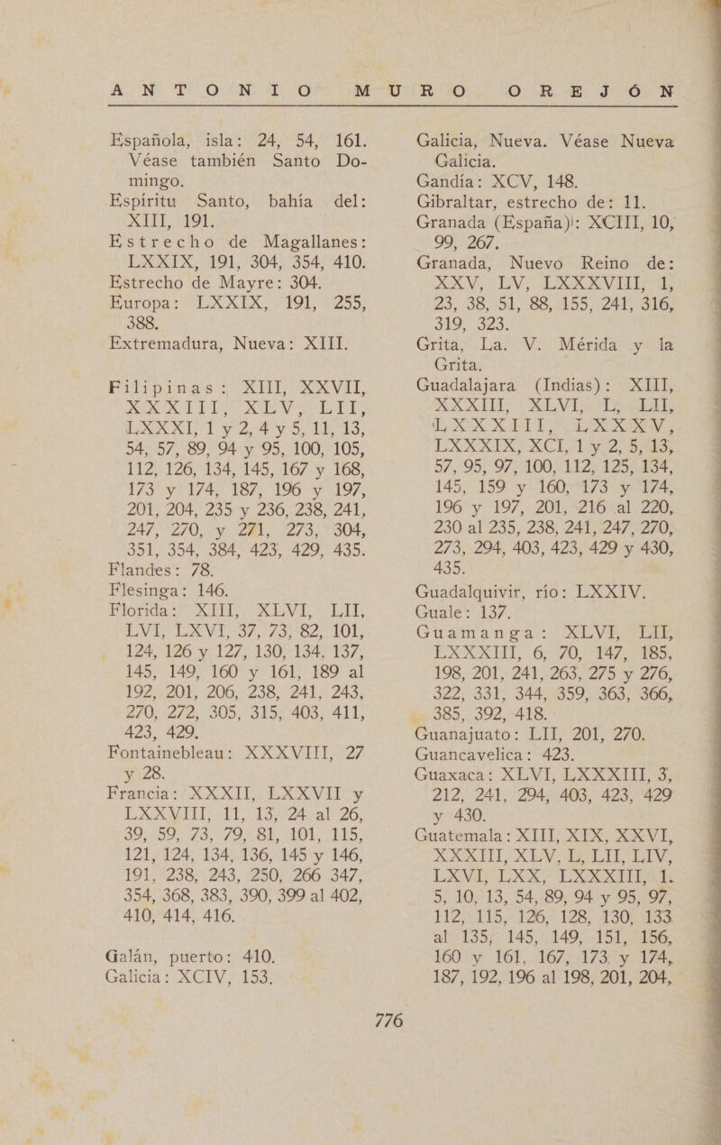 E HO OS LI O A: PR A E, M U Española, isla: 24, 54, 161. Véase también Santo Do- mingo. Espíritu Santo, bahía del: 388. Extremadura, Nueva: XIII. EFitipinas ¿XL NYVLL, DE EA a E E MIRAD De YO LE, 54, 57, 89, 94 y 95, 100, 105, 112, 126, 134, 145, 167 y 168, Yi 174 YOf 196: Y 107, 201, 204, 235 y 236, 238, 241, ZATOSZ TO y NAZIS OA 351, 354, 384, 423, 429, 435. Flandes: 78. Flesinga: 146. Mondeo MS MAN E EVILIYVE:37 3 82. YOL 124126: 127, 190134 157; 145, 149, 160 y 161, 189 al 192, 201, 206, 238, 241, 243, 270, 272, 305, 315, 403, 411, 423, 429, Fontainebleau: XXXVIITI, 27 y 28. Francia: OCXXIL,) EXE y LBAxXyit 11, .13124 31-20, IO ES, O ES LOL. LS. 121, 124, 134, 136, 145 y 146, 191, 238, 243, 250, 266 347, 354, 368, 383, 390, 399 al 402, 410, 414, 416. Galán, puerto: 410. Galilea :XCIV 71598; 776 RO. 0 A. DON Galicia, Nueva. Véase Nueva Galicia. Gandía: XCV, 148, Gibraltar, estrecho de: 11. 10-325. Grita, La: V. Méenda: y ala Grita. Guadalajara (Indias): XIII, XAXXID : MELVE Esad LA ADA E AA LXXXIXA, ACL1Y2 De 57, 95; 97 100, 112-125: 434, 145, 159 y 160173 dE 196 y 197, 201,216 al 220: 230 al 235, 238, 241, 247, 270, 273, 294, 403, 423, 429 y 430, 435. Guadalquivir, río: LXXIV, Guale: 137. Graman ga: XLVE CS EXXAXUT, 670/1475 198, 201, 241,263, 275 y 276, 322, 331; 344, 359.369: 3607 385, 392, 418. Guanajuato: LIT, 201, 270. Guancavelica: 423. CGuaxaca: XLVI, XXXII: 212, 241, 294, 403, 423, 429 y 430. Guatemala : XIII, XIX, XXVI, AAA NY AE ENS LIV? ALIADA DEE 5, 10, 13, 54, 89, 94 y 95, 97, 112): 113, 126;&gt; 128) ISO ASS al 135; 145, 149, 151, 156, 160 y 161, 167, 173. y 174, 187, 192, 196 al 198, 201, 204,  