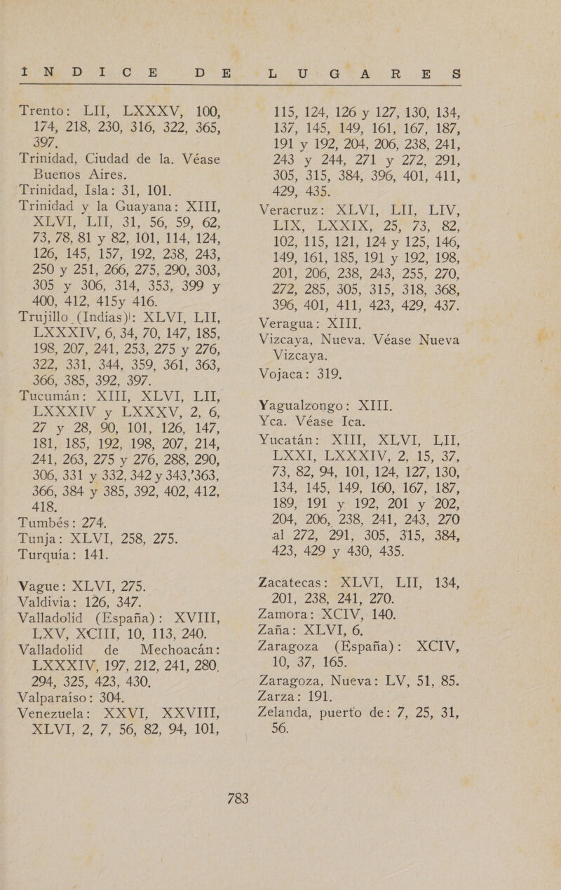 A A BD E A EN E 20 -CILTAR &gt; AA OS -  EREnte MUELA NV: 100% 1/4 218,.230;:316, 322, 365, 397. Trinidad, Ciudad de la. Véase Buenos Altres. ¿Prunidad Isla * 31.10% Trinidad y la Guayana: XIII, EL SL, 36,59: 62. 13/8, 81 y 82,101, 114 124, 126, 145, 157,192, 238, 243, 210 Y:251, 206, 275, 290, 303; 90) y 306, 314, '353,-399 y 400, 412, 415y 416. A cujillo: Clodias)]l: XEVI: LIE LXXXIV, 6, 34, 70, 147, 185, 198207, -241).235,2/9 y 270, 322, 331, 344, 359, 361, 363, 366, 385, 392, 397, Fucuman: XA. EVI: LITE EAN Y LAI Le O, al Y 20,90, SOL. 126.147, I1St/+185, 192.198. 207, 214, 241 209, 2/9. 270,205,,29%0, 306, 331 y 332, 342 y 343,363, 366, 384 y 385, 392, 402, 412, 418. Tumbés: 274, Pana: ALVI: 238. 2/ 0. Turquía: 141. Vague: XLVI, 275. Valdivia: 126, 347. Valladolid (España): XVIII, EXV, XCITI, 10, 113, 240. Valladolid de Mechoacán: LXXXIV, 197, 212, 241, 280, 294, 325, 423, 430. Valparaiso: 304, Venezuela: XXVI, XXVIII, E NLAZ 7 DO 82, 94, FOL, 783 115, 124, 126 y 127, 130, 134, 137, 145, 149, 161, 167, 187, 191 y 192, 204, 206, 238, 241, 243 y 244, 271 y 272, 291, 305, 315, 384, 396, 401, 411, 429, 435. Neractuzs ALVA. LIV, LA EAS 8 A RA A 102;-ElS, 12£, 124 y 125, 146, 149, 161, 185, 191 y 192, 198, Z0L, 200.238, 243,205, 270, aa 003 319, 31 308: 396, 401, 411, 423, 429, 437. Veragua: XIII. Vizcaya, Nueva. Véase Nueva Vizcaya. Vojaca: 319, Yagualzongo: XIII. Yca: Vease Tea. Yucatan AE EV ELE EXI ERNXNEV O Zu io ds 73, 82, 94, 101, 124, 127, 130, 134, 145, 149, 160, 167, 187, 189,* 191 y 192. 201. y 202, 204, 206, 238, 241, 243, 270 2a1:272.4291 309, “IED. Dd 423, 429 y 430, 435. Zacatecas: XLVI, 201,238, 241. 2/0: Zamora: XCIV, 140, Lana: XENT, 6, Zatagoza (España: 10.3%. 16): Zaragoza, Nueva: DY. 51.35, Zarza: 191: Zelanda, puerto de: 7, 25, 31, 56. LIT, 134, AGÍV,