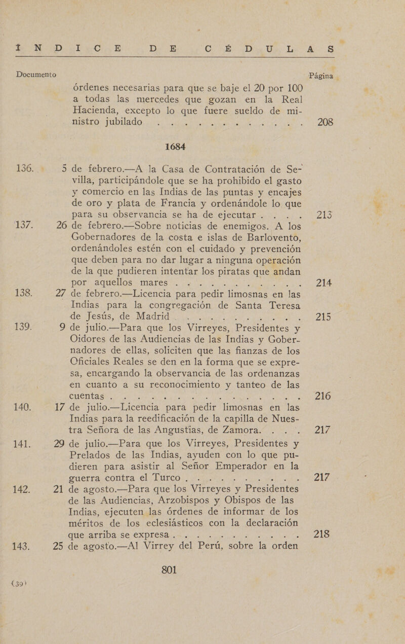 Y N.D Documento ES7* 138. 140. 141. 142. 143. órdenes necesarias para que se baje el 20 por 100 a todas las mercedes que gozan en la Real Hacienda, excepto lo que fuere sueldo de mi- nistro jubilado ; 1684 villa, participándole que se ha prohibido el gasto y comercio en las Indias de las puntas y encajes de oro y plata de Francia y ordenándole lo que para su observancia se ha de ejecutar . Gobernadores de la costa e islas de Barlovento, ordenándoles estén con el cuidado y prevención que deben para no dar lugar a ninguna operación de la que pudieren intentar los piratas que andan por aquellos mares Oidores de las Audiencias de las Indias y Gober- nadores de ellas, soliciten que las fianzas de los Oficiales Reales se den en la forma que se expre- sa, encargando la observancia de las ordenanzas en cuanto a su reconocimiento y tanteo de las cuentas . Indias para la reedificación de la capilla de Nues- ZN Prelados de las Indias, ayuden con lo que pu- dieren para asistir al Señor Eco en la guerra contra el -Ptitco.. de agosto.—Para que los Virreyes y Presidentes Indias, ejecuten las órdenes de informar de los méritos de los eclesiásticos con la declaración que arriba se expresa . S01 208 218 ¿de