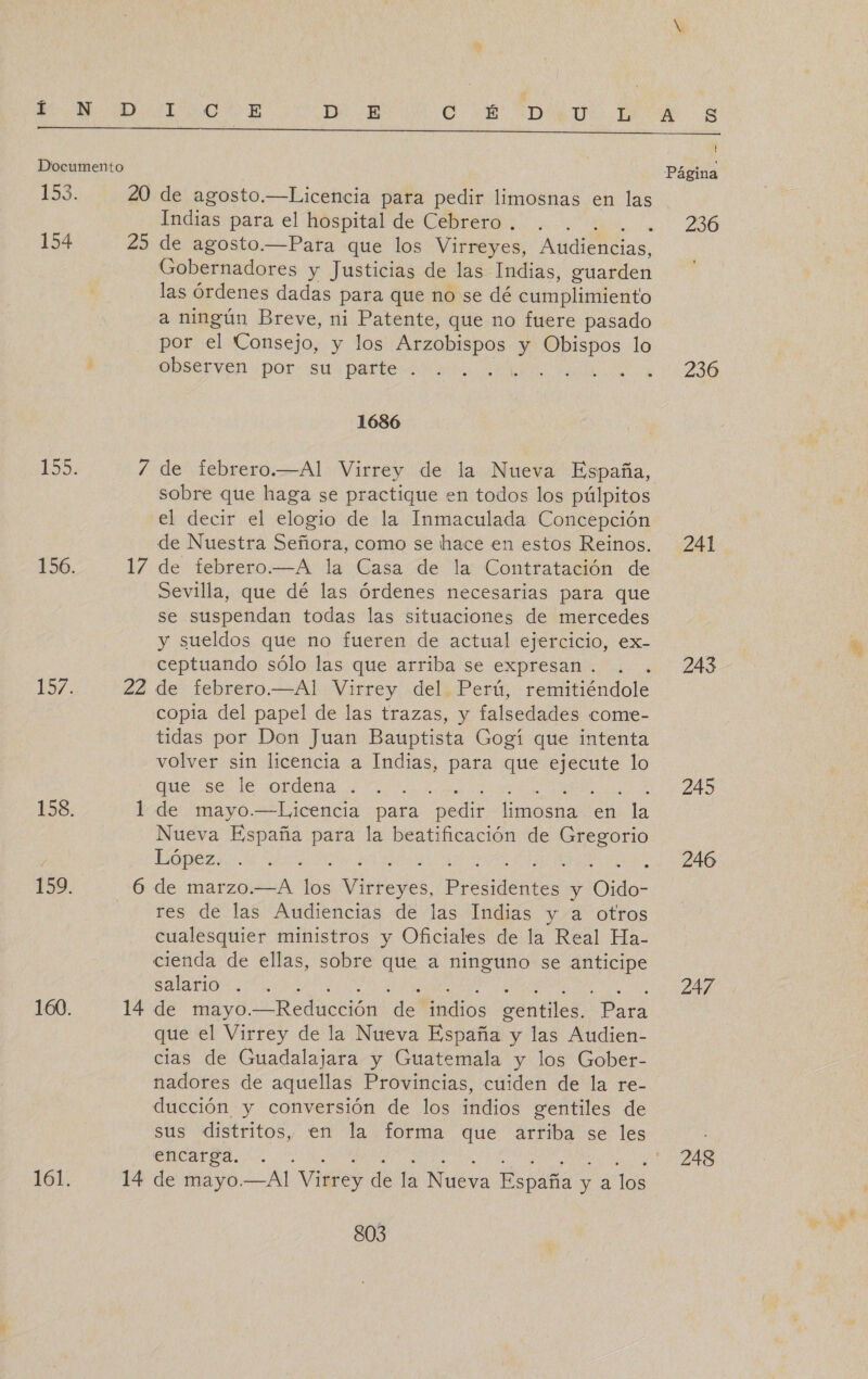 Í 154 20 de agosto.—Licencia para pedir limosnas en las Indias para el hospital de Cebrero . Gobernadores y Justicias de las Indias, guarden las órdenes dadas para que no se dé cumplimiento a ningún Breve, ni Patente, que no fuere pasado por el Consejo, y los Arzobispos | y eS lo observen por su parte . 1686 7 de febrero.—Al Virrey de la Nueva España, sobre que haga se practique en todos los púlpitos el decir el elogio de la Inmaculada Concepción de Nuestra Señora, como se hace en estos Reinos. 17 de febrero.—A la Casa de la Contratación de Sevilla, que dé las órdenes necesarias para que se suspendan todas las situaciones de mercedes y sueldos que no fueren de actual ejercicio, ex- ceptuando sólo las que arriba se expresan . copia del papel de las trazas, y falsedades come- tidas por Don Juan Bauptista Gogí que intenta volver sin licencia a Indias, para que o lo que se le ordena... : de mayo.—Licencia para ree limosga en de Nueva España para la beatificación de Gregorio López. , e 6 de marzo.—A les ree Presltenes y Oido: res de las Audiencias de las Indias y a otros cualesquier ministros y Oficiales de la Real Ha- cienda de ellas, sobre que a ninguno se ES salario . ; A 14 de mayo. o eductión del dios cóntiles Para que el Virrey de la Nueva España y las Audien- cias de Guadalajara y Guatemala y los Gober- nadores de aquellas Provincias, cuiden de la re- ducción y conversión de los indios gentiles de pra encarga. . 14 de mayo. LA Virrey de la Nueva España y a los 803 | 236 236 241 243 245 246 247 248