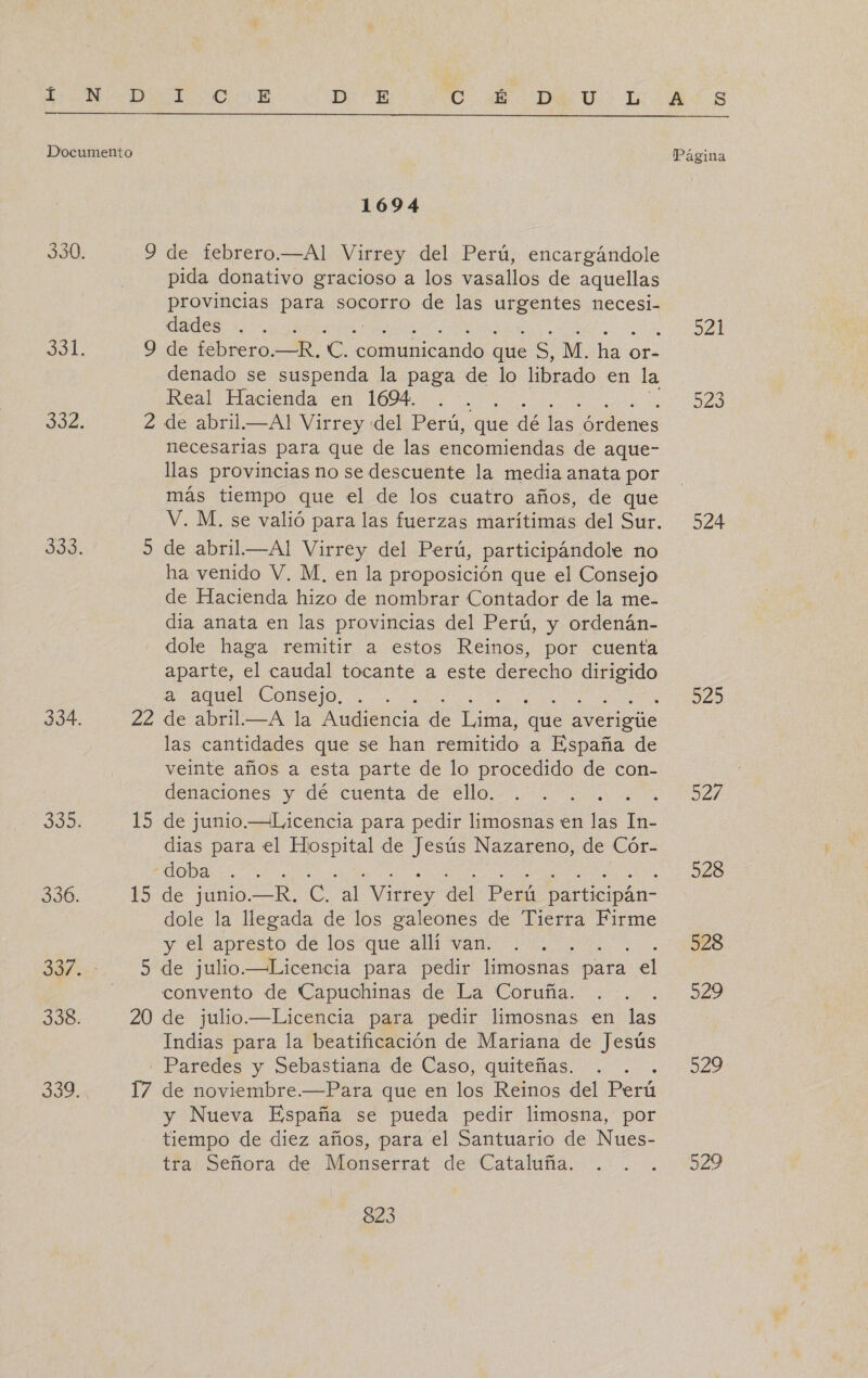 Í  1694 9 de febrero.—Al Virrey del Perú, encargándole pida donativo gracioso a los vasallos de aquellas provincias para socorro de las urgentes necesi- dades ; 9 de febrero.—R. C. nda que SS M. ha or- denado se suspenda la paga de lo librado en la Real Hacienda en 1694. 2 de abril.—Al Virrey del Perú, que dé las Opllenes necesarias para que de las encomiendas de aque- llas provincias no se descuente la media anata por más tiempo que el de los cuatro años, de que 5 de abril.—Al Virrey del Perú, participándole no ha venido V. M, en la proposición que el Consejo de Hacienda hizo de nombrar Contador de la me- dia anata en las provincias del Perú, y ordenán- dole haga remitir a estos Reinos, por cuenta aparte, el caudal tocante a este derecho ia a aquel Consejo, 22 de abril.—A la Audiencia de Tata, qe cele las cantidades que se han remitido a España de veinte años a esta parte de lo procedido de con- denaciones y dé cuenta de ello. A 15 de junio. —Licencia para pedir limosnas en las a dias para el Hospital de Jesús Nazareno, de Cór- dODa 1. ea 15 de junio.—R, (en Tr e del Perú participán- dole la llegada de los galeones de Tierra Firme y el apresto de los que allí van. 5 de julio.—Licencia para pedir limosnas. para el convento de Capuchinas de La Coruña. 20 de julio.—Licencia para pedir limosnas en las Indias para la beatificación de Mariana de Jesús - Paredes y Sebastiana de Caso, quiteñas. 17 de noviembre.—Para que en los Reinos del Perú y Nueva España se pueda pedir limosna, por tiempo de diez años, para el Santuario de Nues- tra Señora de Monserrat de Cataluña. 923 324 523 524 320 528 528 32% 929 529