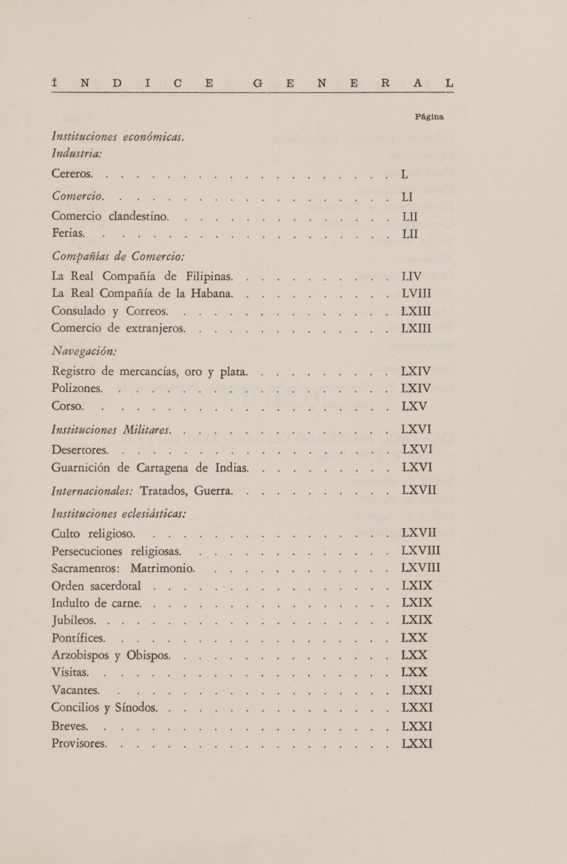 Instituciones económicas. Industria: Cereros. Comercio. Comercio clandestino. Compañías de Comercio: La Real Compañía de la Habana. Comercio de extranjeros. Navegación: Polizones. Corso. Instituciones Militares, Desertores. Internacionales: Tratados, Guerra. Instituciones eclesiásticas: Culto religioso. Persecuciones religiosas. Sacramentos: Matrimonio. Orden sacerdotal Indulto de carne. Jubileos. Pontífices. E Arzobispos y Obispos. Visitas. Vacantes. : Concilios y Sínodos. Breves. Provisores. Página D LI El LVIIM LXIM LXIV LXIV LXV LXVI LXVI LXVI LXVII LXVII LXVIII LXVIII LXIX LXIX LXIX LXX LXX LXX LXXI LXXI LXXI LXXI E