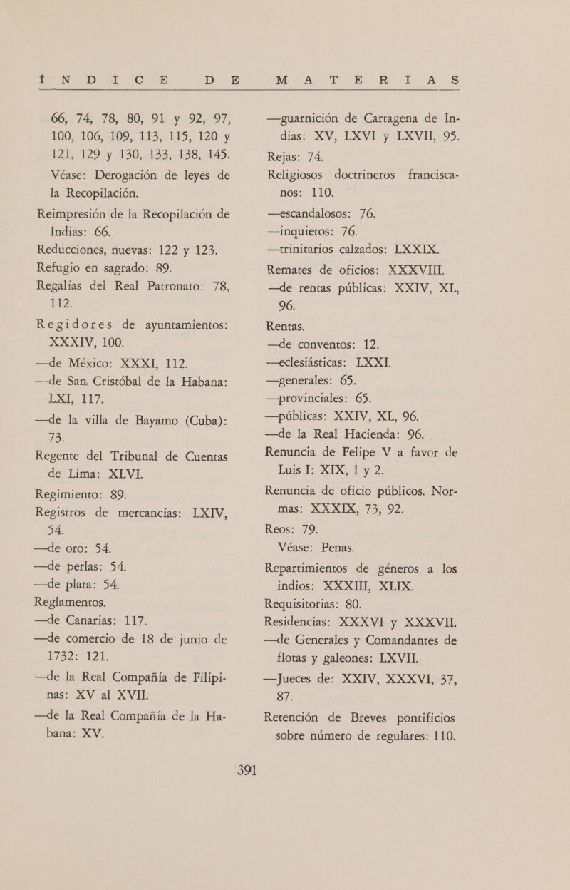 NA e E. 66:74, 78,807 91 y 92/97, 100,106; '109,. 113; 115, 120 y 124, 129 y 130; 133,-138, 145. Véase: Derogación de leyes de la Recopilación. Reimpresión de la Recopilación de Indias: 66. Reducciones, nuevas: 122 y 123. Refugio en sagrado: 89. Regalías del Real Patronato: 78, PEZ Regidores de ayuntamientos: XXXIV, 100. —de México: XXXI, 112. —-—de San Cristóbal de la Habana: INE 1E7 —dJe la villa de Bayamo (Cuba): 19: Regente del Tribunal de Cuentas de Lima: XLVL Regimiento: 89. Registros de mercancías: LXIV, 54. —de oro: 54. —de perlas: 54. —de plata: 54, Reglamentos. —&lt;Je Canarias: 117. —Jde comercio de 18 de junio de 1132: 121 —de la Real Compañía de Filipi- nas: XV al XVII. —Jde la Real Compañía de la Ha- bana: XV, E lt A-8 M: Av Tr. E E —guarnición de Cartagena de In- dias: XV, LXVI y LXVIL 95. Rejas: 74. Religiosos doctrineros 110. —escandalosos: 76. francisca- nos: —inquietos: 76. —trinitarios calzados: LXXIX. Remates de oficios: X XXVIII. —de rentas públicas: XXIV, XL, 96. Rentas. —de conventos: 12. —eclesiásticas: LXXI —generales: 65. —provinciales: 65. —públicas: XXIV, XL, 96. —de la Real Hacienda: 96. Renuncia de Felipe V a favor de Luis Ll, XIX, Ly 2. Renuncia de oficio públicos. Nor- mas: XXXIX, 73, 92. Reos: 79. Véase: Penas. Repartimientos de géneros a los indios: XXXIII, XLIX. Requisitorias: 80. Residencias: XXXVI y XXXVIL —&lt;de Generales y Comandantes de flotas y galeones: LXVII —jJueces de: XXIV, XXXVI, 37, 87. Retención de Breves pontificios sobre número de regulares: 110.