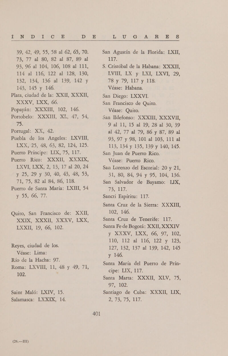 D 39. 42 49 59,98 21:62 65:70. 73, 77 al 80, 82 al 87, 89 al 93, 96 al 104, 106, 108 al 111, 112 al FL6S 1221 alo 1280130, 152, 184, 156 al 139:142: y 143, 145 y 146. Plata, ciudad de la: XXI, XXXII, XXXV, LXX, 66. Popayán: XXXIII, 102, 146. Portobelo: XXXI XL, 47, 54, 40 Portugal: XX, 42. Puebla de los Angeles: LXVIII, LXX, 25, 48, 63, 82, 124, 125. Puerto Príncipe: LIX, 75, 117. Puerto Rico: XXXI, XXXIX, LXVE LXX: 211817 al.20,24 y 25, 29 y 30, 40, 43, 48, 53, TL TS 3 iaLi84,5865 LES. Puerto de Santa María: LXIIL, 54 ES Quito, San Francisco de: XXIL XXEX, AX, XAXXV,, LXA, LXXIL, 19, 66, 102. Reyes, ciudad de los. Véase: Lima: Río de la Hacha: 97. Roma: LXVIIL 11, 48.y 49, 71, 102. Saint Maló: LXIV, 15. (26.—IID) E 401 LU 5GLA) E E. 3 San Agustín de la Florida: LXII, 117. S. Cristóbal de la Habana: XXXII, VII. 110 pe NOS, IS y IIA ALS: Véase: Habana. San Diego: LXXVI. San Francisco de Quito. Véase: Quito. San Ildefonso: XXXHUIL XXXVII al11, 15 al 19; 28:21 30,439 al 42, 77 al 79, 86 y 87, 89 al 93,97 y 98, 101 al 103, 111 al 113, 134 y 139, 159 y 140145. San Juan de Puerto Rico. Véase: Puerto Rico. San Lorenzo del Escorial: 20 y 21, 31, 80, 84, 94 y 95, 104, 136. San Salvador de Bayamo: LIX, OS Sancti Espíritu: 117. Santa Cruz de la Sierra: XXXIII, 102. 146. Santa Cruz de Tenerife: 117. Santa Fe de Bogotá: XXII, XXXIV O A OO 110, -112aL 116.122 y 125 127,132, 137 al 159. 142. 145 y 146. Santa María del Puerto de Prín- cipe: LIX, 117. Santa Marta: XXXI XEV, 75, 07, 102. Santiago de Cuba: XXXII, LIX,