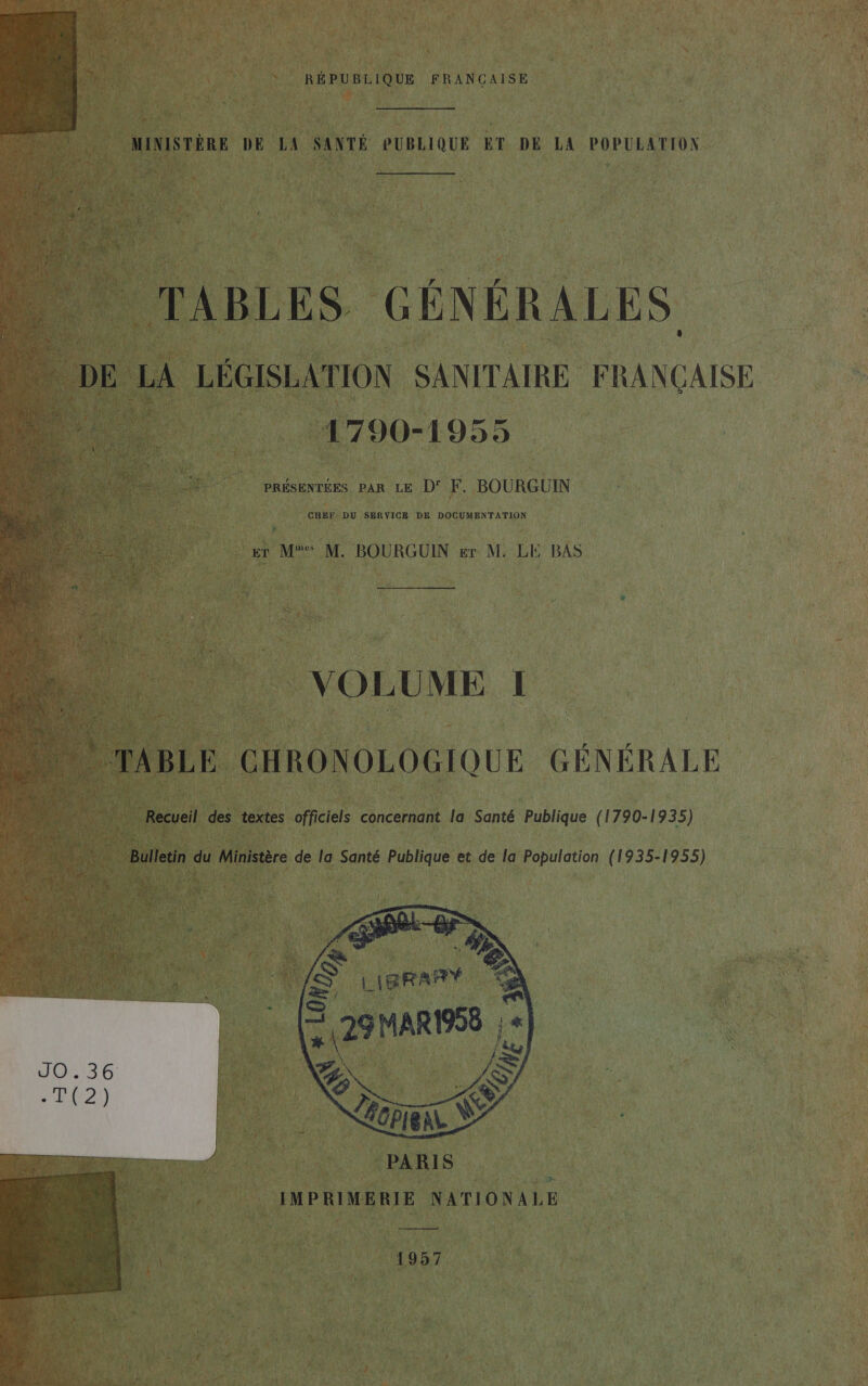   LÉGISLATION SANITAIRE À FRANÇAISE 1790- 1955. | PRÉSENTÉES PAR LE D° F. BOURGUIN CHEF DU SERVICE DE DOCUMENTATION h: É ! Er Me M. BOURGUIN | ET M: LE BAS CONPRIMERIE ue PRE TE e \ { 4