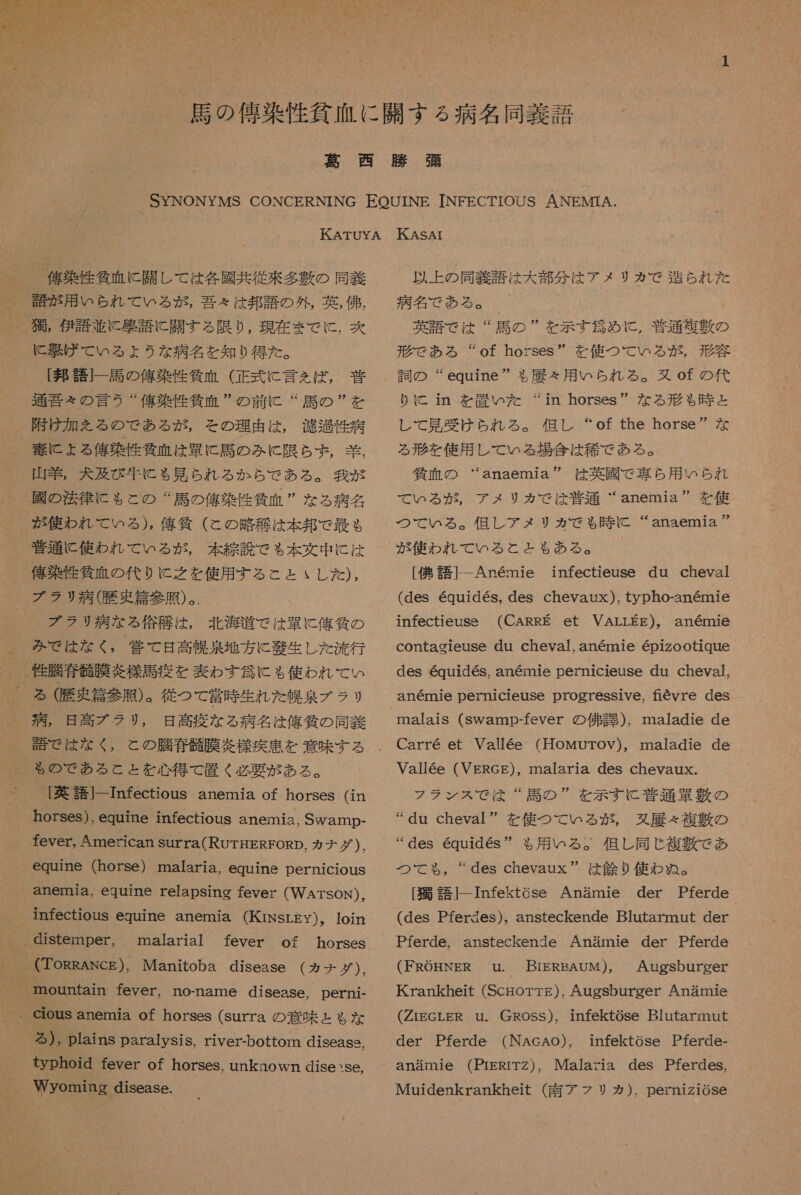 俺 染 件 貧血 に 開 し て は 各 國 共 従来 多 敷 の 同義 に 繋げ て いる ょ うな 病名 を 知り 得 た 。 【 邦 語 | 一 馬 の 偉 染 隆 所 血 (正式 に 言え を ば, 普 通 香 え の 言う “ 俺 染 隆 貸 血 の 前 に “ 馬 の ” を 附け 加 を る の で ある が , その 理由 は , 渡 過 性 病 山羊 , 犬 及び 生 に も 見 られ る か ら で あ る 。 我 が 國 の 法律 に もこ の 『“ 記 の 俺 染 條 貧血 ” な る 病名 が 使わ れ て いる ), 偉 気 (この 略 稚 は 本 邦 で 最も 普通 に 使わ れ て いる が が , 本 読 で も 本 文中 に は ブラ り 病 な る 俗 稀 は , 北海 道 で は 軍 に 俺 気 の ググ で は なく, 菅 て 日 高明 泉 地方 に 語 生 し た 流行 る ( 歴 末 偏 参照 )。 従 つて 堂 時 生れ た 幌 泉 ブラ リ 病 , 日 高 ブ ラリ, 日 高 疫 な る 病名 は 俺 貸 の 同義 請 で は な く , と の 騰 硝 髄 膜 ※ 様 疾患 を 意味 する 英語] 一 Imfectious anemia of horses (in fever, American surra( RUTHEREORD, カ ナダ )」, equine (horse) malaria, equine pernicious malarial typhoid fever of horses, unknown dise ヽ se, Wyoming disease. 以上 の 同義 語 は 大 部 分 は アメ リカ で 造ら れ た 病名 で ある 。 英語 で は “ 馬 の ” を 示す 久 め に , 普通 複数 の 形 で ある “of horses ” を 使 つ て いる が , 形容 詞 の “equine ” る 履 々 用 いら れる 。 婦 of の 代 り に in を 置い を た “in horses ” な る 形 も 時 と し て 見 受け られ る 。 但し “of the horse ” な る 形 を 使用 し て いる 場合 は 稀 で ある 。 人 箕 血 の は 英國 で 専ら 用 いら れ て いる が , アメ リカ で は 普通 “anemia” を 使 つて いる 。 但 レア メリ カ で も 時 に “anaemia“ が 使わ れ て いる と と も ある 。 [ 代 語 |--Anemie infectieuse du cheval (des equides, des chevaux ), typho-anernie (CARRE et VALLEE)。 anermnie “anaemia  infectieuse contacieuse du cheval, anemie epizootique des equides, anemrle Dern1cieuse du cheval, anemie DermiCctieuSe DTOgreSsS1Ve, fievre des malais (swamp-fever の 便 婁 ), maladie de Carre.et Vallee (HoMurov), maladie de Vallee (VERcg), malaria des chevaux. フラ ンス で は “ 馬 の ” を 示す に と 普通 軍 戦 の “du cheval ” を 使 つ て いる が , 又 居 &lt; 複 数 の “des equides ” も る 用 いる 。 但し 同じ 複 敷 で あ つて る , “des chevaux ” は 欠 り 使わ ぬ 。 [ 獲 語 上 --Infektose 人 Anamie der Pferde (des Pferdes), ansteckende Blutarmut der Pferde, ansteckende Anamie der Pferde (FROHNER u. BiERBAUM), Augsburger Krankheit (Scgiorrg), Augsburger Anamie (ZrEeGLER u. GRoss), inftektose BIutarmut der Pferde (NAcAO), ananmnie (PIERITZ), Malaria des Pferdes, Muidenkrankheit (南ア アフリカ). permizioSe 1infektose Pferde-