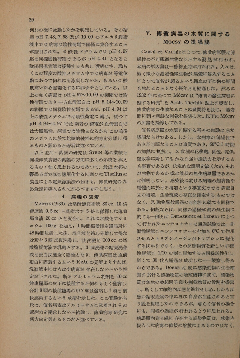 何れ の 極 に 泳動 し た か を 制定 し て いる 。 そら の 結 果 pH 7.48, 7.58 及び 10.09 の テル カリ 衝 液 中 で は 病 毒 は 陰性 荷電 で 陽極 に 集合 する と と が 計 明 され を た 。 双 酸性 メデ ウム で は pH 4.97 迄 は 同様 陰性 荷電 で ある が pH 4.41 と な る と 陰陽 柄 極 管 液 は 接種 する ゃ 共に 敬 病 な ず , 恐 ら く と の 程度 の 酸性 メデ ウム 中 で は 病 毒 が 等 電位 邊 に あつ て 何れ に も 泳動 し な いか , ある い は 酸 度 高 いた め 無 毒 化 する に 非 ま や と し て いる 。 以 上 の 如く 病 毒 は pH 4.97 て 10.09 の 範 園 で は 陰 性 荷電 で あり 一 方 血清 蛋 白 は pH 5.14 て 10.09 の 範 園 で は 同様 陰性 荷電 で ある が , pH 條 94 以 pH 4.94 こ 4.97 で は 雨 者 の 荷電 が 血清 蛋白 で は 大 内 陽 隆 , 病 赤 で は 陰性 と な る か ら と の 前 後 の メ ヂ ウム に 於 て 比較 的 純 大 に 病 毒 を 分 離し 得 る も の と 認め る と ょ と 圧 著 は 和 区 べ て いる 。 以上 並河 ・ 葛 城 の 研究 は SrErN 等 の 業績 と 同様 俺 気 病 雪 の 精製 の 方 向 に 多く の 示唆 を 興 を る も の 如く 思わ れる の で あつ て , 最近 本邦 の 覧 克 方 面 で 皮 に 應 用 化す る に 到 つ た Tiselius の 手 置 に よる 直人 泳 動 法 の 如き も, 俺 気 研究 の た め 得 速 に 導入 され て 然るべき も の と 思う 。 4. 病 毒 の 吸着 MARTrrN(1939) は 半 酸 及 絞 衛 液 80 cc, 10 倍 曹達 液 0.5cc と 燕 食 水 で 5 倍 に 笑 各 し た 俺 貧 同 血 清 20cc と を 混合 し , と れ に 水 酸 化 アル シミ = ッ ウム 100g を 加え を , 1 時 間 振 揚 後 室温 暗 所 に 48 時間 放置 し た 後 , 混合 液 を 速 心 分 離し て 得 た 沈 湊 を 3 回 反復 洗 光 し , 該 沈 滅 を 100cc の 焼 酸 塵 締 衝 液 で 氏 刑 と する 。 3 回 洗 洒 の 結果 洗 浴 液 は 蛋白 反 鷹 全く 陰性 と な り , 俺 作 病 毒 は 血清 彼 白 に 固着 する と いう KsAr の 見 解 よ りす れ ば , 洗 交 液 中 に は も は や 病 毒 が 存在 し な いと いう 推 定 が 下さ れ だ た 。 親 る アル シミ ニウム 鍋 を 10 cc 鍵 康 馬 馬 の 皮下 に 接種 する と 伺 れ も よく 北 病 し , 合計 8 頭 の 接種 馬 の 中 7 頭 は 七 病 し 1 頭 は 潜 伏 感染 する と いう 成績 を 示し た 。 と の 資 駿 か ら 氏 は , 俺 作 病 寺 は アル ミニ ェ ウ ム K 吸 着 さ れ その 起 病 力 を 嫌 化 し な いと 結論 し , 俺 作 病 毒 研究 に 新 方 向 を 異 を える も の だ と ょ と 逃 べ て いる 。 V. 俺 偶 病 毒 の 本 質 に 開 す る . MocSY の 提唱 論 CARRE et VALLEE (に よ つ て , 俺 委 病 原 表 は 濾 過 性 の 不可 覗 微生物 な り と する 知見 が 行わ れ , 本 病 の 原因 論 は 一 鷹 終止 答 が 打 た れ た 。 人 える は, 極 く 微小 な 濾 聞 性 微生物 が 馬 骸 に 侯 入 す る と と に ょ つて 億 貸 が 起 る と いう 通念 の 下 に 何 の 紅 問 も 生れ る と と も な く 長 年 月 を 経過 し た 。 然るに 1932 年 に 至 つて MGcsy は “ 偽 外 の 和敬 生 病理 に 開 す る 研究 ” を Arch. Tierhlk. 誌上 に 和 区 窒 し , 佑 気 病 毒 の 生物 た る と と に と 疑 問答 を 投じ , 識者 間 に 和 精々 新鮮 な 刺 戦 を 提供 し た 。 以下 に IMGcsy の 所 論 を 摘 多 し て みる 。 信 貸 病原 骸 の 本 質 に 職 す る 召 々 の 知識 は 未だ あり 不可 避 な る と と は 事 四 で あり , 60?C1 時 間 の 加熱 に 抵抗 し , ヌ 避 種 の 化 聖 弾 , 低 漏 , 束 燥 , 腐敗 等 に 玲 し て も か な り 強 い 畠 抗 力 を 示す と と る 事 真 で ある が , 決定 的 な 詩 明 を 鉄 くだ め , それ が 生物 で ある か 或 は 液 汰 の 無 生 病 原 購 で ある か は 制 明 し な い 。 感染 後に 於 ける 病 毒 の 起 病 性 や 馬 帆 内 に 於 ける 増殖 と いう 事 齋 け で は 病 毒 自 立 の 増殖 , 生活 現象 の 存在 を 確定 する も の で は な く , 双 動物 累代 通過 の 可能 性 に 就 で る 同様 で ある 。 何 故 な ら ば , 同様 の 過程 が 眞 の 無生物 に 於 て も 一 例 を ば DELAZENNE et LEDpEgBT に よ つ て 行わ れ た エン テロ キナーゼ 通過 試験 で は , 非 働 性 膝 液 に = ン テ ロ キナ ー で ゼ を 加え を O'C で 作用 させ る と トリ プシ ノー ゲン が トリ プシ ン に 化 仁 膝 液 に 1/10 の 割 に 添加 する と 同様 活性 化し , 新 く て 30 代 も 通過 が 成功 し た 一 一 盾 察し 得る か ら で あ る 。 DosRR は 上 既に 感染 動物 の 生活 細 胞 に 於 ける 感染 物質 の 増殖 機甲 に 就 て , 感染 物 質 は 無 生 の 喚起 因子 印 ち 刺 戦 物質 の 役割 を 失 営 し , 折 く し て 細胞 内 反 鷹 を 進行 な し め , し か る も 反 應 の 結末 産物 の 中 に 再び 自身 が 生産 され る ょ 言 う 説 を 提唱 し た の で ある が , 恐らく 億 所 の 場合 に も る , 同様 の 過程 が 行わ れる よう に 思わ れる 。 病 馬 醒 内 至る 虎 に 存在 する 感染 物質 は , 感染 時 侵入 し た 病 毒 の 直接 の 増 に よる も の で は な く ,
