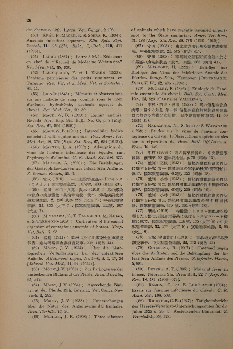 des chevaux. 12rh. Intern. Vet. Congr., 2 293. (50) KRAr。F., MACsE。 K.&amp; SoBRA。 氏 . (:984): Anaemia infectiosa equoram. 友 /Z み . OZz ゞ 。 Ao/、 グ oezo/。 本. 25 [ググ 27. zz.。 1, (Ref.)。 1 村 9。 411 (985) . (51) LEDRU (1861) ・ Lettre a M. le Redacteur en chef du “Recueil de Medecine Veterinairs.” パ ec. ル 72g. 27., 8S, 930. (52) LESTOQUARD。 F. et T. EKREM (1932)・ Turquie. の レ @/. ez /. 722. 2z. ez ググ oo/ecZz.。 84, 11、 (53) TL1GNEg (1 を 43) ・ Sur uns malsdie de sang。 connue Sous le nom Memorirs et observaftions danemie,。 hydrohsmie。 cachexie aqueuse du cheval. Rec. 人 ル 737. 2z., 20, 30. 3 (54) MACKE, W.B. (1909) :・ Equins snemis. Nevads Agr. Exp. Sta. Bull.。 INo. 68,。p. 7 [ 友 ヶ ヵ - Sg。 バ Ccec.。 1 584 (1909) ]. (55) MACE,W. B. (1911) ・ Intracellular bodies sssociated with equine anemia. アア zoc. zze7z。 ez- 人 7c. 4s5., 38, 37c [> の . OZg. KRec.。 27。684 (1912) ]. (56) MARTiN。 工 . A. (1939) ・ Adsorption du Phydroxyde dalumine. C. 愉 . 4czZ. Scz. 208, 677. (57) MIARXER, A. (1920) : Die Beziehaungen der Gastrophilus-Larven zur infektiosen Anarmnie- グ . 太 z22z77- osc カ .。29. 1. (58) 宮入 (1910): 一 二 細 胞 寄 生田 の 「 デ モン ス トラ チ ナ ン 」 東京 警 事 新 誌 , 1674 明 , 1433. (明治 43)- (59) 宮川 ・ 谷 口 ・ 長 尾 ・ 臣 本 (19:8) : 馬 の 億 菜 竹 貧 相 の 病原 瞳 並 に 其 純 粋 培養 に 就 て . 億 要 病 研究 所 多 友 會 雑 誌 。 2, 236 及び 299 (大 正 7) : 中 央 掴 訪 信 庄 。 84, C33 (大 正 7): 陸軍 舞 費 園 報 , 111 中 。 807 (天下 57)- (60) MivAGAWA, Y、, AN1GUCHi。 M. NNAGAO。 et S.TAKEEMIOTO(1919) ・ Cultivstion of the causal oreaniSrn Of contaorious an3emnia of horses. 7 テ o の - Vcz。 zz//.。7,。 98、 「 (61) 宮島 211): 了 蘭 洲 に 於 ける 億 菜 性 貧 調 査 報告 . 忠 時 馬 疫 調査 要員 寅 記 事 , 329 (明治 44)・ (62) M6CSYy。J. V. (1924): り bsr die hijsto- logischen Veranderuroesn bsei der infektiosen Anamie.。 47/ZZoZoosz ん Z ら o%。 INr. ユ 一 6, S. 1。17。34 [gz ヵ zes の ら . Ye.- ル 7 の .。44。 94 (1924) ]. (C3) IM6CSY,J. V. (1932) : Znur Pathogensse der ansteckenden Blutarmnut dsr Pferde. 4 ヶ c ヵ .,77ez ヵ / た ., 65, 547. (64) MG6Csy, 本. V. (1934) ・: Ansxeckende Blut- srmut der Pferde. 12th. Internat. Vet. Conrr. New ork. 2、262. (65) M6CSY。 J. V. (1938) : Untersuchungen tiber die Natur des Anamievirus dsr Einhufsr、 47c7. 77e77/ を .。 78、26. (66) MOHLER。J. R. (1908) : Three djseasss of snimals which have recently assumed import- ance to the Stare sanitarian。 4zzez。 Vcz。 eo.。 84。198 [アァ の 。 SZg. が cec.、 20. 7E5 (19C8 一 1969) ]. (67) 守田 G9C8) : 東北 地方 流行 馬 商 調査 成績 称 報 . 中 央 獣 臣 雑 誌 , 31, 5C5 (明治 旬 ). (68) 守田 (1908) ・ 軍馬 科 却 部 萩野 派出 部 に 於 け る 是 匹 の 正 液 継 状 に 就 て . 同誌 565 (明治 41). ・ (69) MoSSpDoRr, 甘 . (1923)・ Beirrage zur Biologie des Virus der infektiSsen Anamie des Pferdes. 7zgzg-- の Zsy-。 Hannover [OPEPERMANK< の cz が s. 7. 42, 495 (1934) ] (70) MOTELET。 EE. (は E96) : Etiologie de ane- 、 mie essentielle du cheval. zz//. Soc、 の Ccz/ ヶ . 722. ez.,。14, 523 [CARRE et VALLEE(12)]. (71) 中 村 ・ 石 井 ・ 渡 邊 (193E): 馬 の 億 沼 血 病 毒 に 同 す る 知見 第 一 幸 信栄 竹 貧 正 無 熱 経過 馬 各 有 碧 に 於 ける 病 毒 分 布 状 態 . 日 本 環 冊 事 依 雑誌 17, 50 (昭和 13). ' (72) NAKEAMURA。N.。S. ISH11 et S. WW ATANABE (1938) * tagieuse du cheval. 1.Observations experimentales Sur la repartition du vijrus。 z//. 〇 が 77zZezzZzg た 2zz.。 16, 149. (73) 中 和 (938) : 馬 の 俸 楽 妊 貧 功 . 中 央 獣 共 事 雑誌 創刊 第 50 週 年 記念 肖 , p.75 (昭和 83). (74) 並河 ・ 高 城 1943) : 俺 染 衝 貧血 病 起 の 衝 包 に 開 す る 研究 其 一 偽 貧 病 剖 の 電 無 的 性 質 ( 荷 電 寿 ) に 就 て . 陸軍 和 環 園 報 , 4C3 跳 , 123 (昭和 18). (75) 並河 ・ 小 林 (1943) : 倍 菜 竹 沼 正 病 起 の 秒 上 に 開 す る 研究 其 二 倍 性 貧 地 二 血 清 の 限 外題 微 鏡 的 航 祭 . 陸軍 銭 客 圏 報 , 4C4 跳 , 235 (昭和 18). (76) 並河 ・ 小 林 (943) : 億 楽 竹 招 病 婦 の 竹 舌 に 開 す る 研究 其 三 俺 栄 性 貧 碧 馬 画 清 の 限 外 濾過 試 験 . 陸軍 誤 臣 園 報 , 4C5 蹴 , 361 〈 昭 和 18). (77) 新 美 (3919) : 柳 機 酸 ナ チト リッ タム 加 末 液 を 接 種 し た る 野口 氏 固 形 境 養 基 に 現 は る > ょ スピロ ヘー メタ 様 構 に 就 て . 陸軍 王 覧 園 報 。 116 跳 , 135 (大 正 8) : 中 央 獣 腎 胃 雑 誌 , 2, 177 (大 正 8): 小 駿 覧 了 雑 誌 , ぁ 90. (大 正 ⑧)- (78) 大 塚 [ 守 田 政 姓 ] (192C9) : 東北 地方 流行 馬 調 調査 報告 . 中 央 無 臣 食 雑 誌 , 22, 113 (明治 42). (79) OSTERTAG。 R. (1907) : Untersuchungen Gber das Acftreten und die Bekampfung der in- fektiosen Anarmie des Pferdes. . 7z た を 7 ヶ . 万 Zzz 5, 981. (CO) PETERS。A. 丁 . (1906) : Malsrial fever horses. Nebraska Sta. Press Ball., 22。 7 [万 ヶ ヵ . Sg. が ec.。』S, 1E4 (1906 一 C7) ]. (81) RAMON。 . et- E. LENIETAYER (1934)< Essais sur Panemnie infectieuse du chevsl. C. . 4cg. ,Scz., 198, 508. (82) RiCHTERS。 C.E. (1927)・ Tatigkeitsbericht des Heeres-Veterinar-U り ntersuchunesamnfes fir die Jshre 1925 u. 26. 3. Ansteckenden Blutarmut.。 cze7zz の 7 ん.。 89。273. tudes sur le vjrus de Panemmie con--