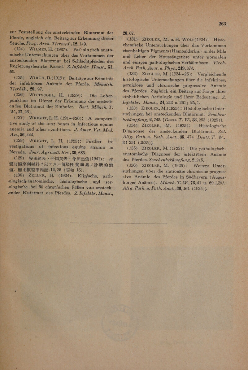  た を も い yr ム ION JI っ 【 い TPferde。 zugleich ein Beitrag zur Erkennuno dieser Seuche. ア ヶ gg. 47c カ . 77cZyzeg., 2, 19. (124) WiLwEsS, 廿 . (1937): ansteckenden Blutarmut bei Schlachtpferden des Regierungsbezirke 氏 assel.・ 7z/ ん 7. 万 zzs/., 51, 50. (}25) WIRT 五 ,D.(1919): Beitrage zur KKenntnis der infekfiosen Anamie der Pferde. ozg/s/。 7?cez ヵ / を ., 99, 97. (126) WirrvocgL, H. (1939)・ Die Lebsr- punktion im Dienst der Erkennuno der ansteck- enden Blutramut der Einhufsr. 万 ez/. 77Zzc か 7 17, 261. (27) WRIGHT、 工 .H. (191ー920): A compara- tive study of the lonz bones in infectious equine anemia and o:her conditions. /. 4Zze7. cz. 7cg. 4 ss., 56, 444. (126) WERiGHT。 工 . 耳 . (1925): yesfigationS of Further in- inmfectious equine ansmia in Nevada. 7ozz. 4gzzcz//. cs., 30, 683. (29) 安田 純夫 ・ 今 岡 英 天 ・ 今 田 吊 信 (1941): 生 生 肝 臓 府 刺 材 料 チ 以 テ スル 俺 染 作 委 血 馬 ノ 診断 的 償 MaWd30)0 の EDLkR、 打 . ologisch-anatomischs, (1924): 。 氏 inische。 path- histologische nund ser- ologiscnhe bei 50 chronischen Fallen von ansteck- ender Bautarmat dss Pferdes. . 77z/z を / ん を. 万 2zzs/-, 263 26, 67. (131) ZrEcLER, M. u.H. Worr(1e24): Histo- chemische Untersuchuneen tber das Vorkommen esenhaltigen Picments (Hamosidsrins) in der Milz und Leber der 本 aussaugetiere unter mormalen und einigen pathologischen Verhaltn:sssn. zzc ヵ . 7c ヵ . ア g77. 4zg/. zz. ys.,249,374、 (132) ZiEGLER, M. (1924ー25)・ Vergleichende histologische Unftersuchungeen ber die infektiSse。 perniziose und chronische progressive Ansnmie des Pferdes. Zugleich ein Beitrag zur Frage ihrer einheitlichen Aetiologie und ihrer Bsdeutung. グ . 77z7z を / を 7. 万 Zzzs/.。24 242 u.261 : 25, 1. (138) ZikGLER, M.(1925) : Histologische Unter- Suchnngen bei snsteckenden Blutarmnuf. ,Sezzc 太 eZ- の cg/z の 7 g, 2 245. [の cz/s. 7【 た 。 8.,253 (1925)] (134) ZIEGLER,。 AM. (1925): Histologischs Diagnonse der sansteckenden B!utarmut。 グ の /. 7//g. 7z ヵ . gg. gz. 4z2., 86, 474 [の ez/s. 7 TP, ぅ 1 251 (1925)]. (135) ZIEGLER, IM. (1E25): Die pathologisch- anatomische Diacnose der infekti5sen Anamie des Pferdes. Sezzc ヵ ezz の cg@72 の zz g。 の, 245. (136) ZIEGLER, M. (1625)・ Weitere Unter- Suchungen uber die stationare chronische progres- Stve 人 Anamie des Pferdes in Sidbayern (Augus- burger Anamie). 22zc7. 7, MI/, 76, 41 un. 69 [ZZ2/. 77g. gz/. zz. gz. 4zg/., 86, 161 (1c25)] 