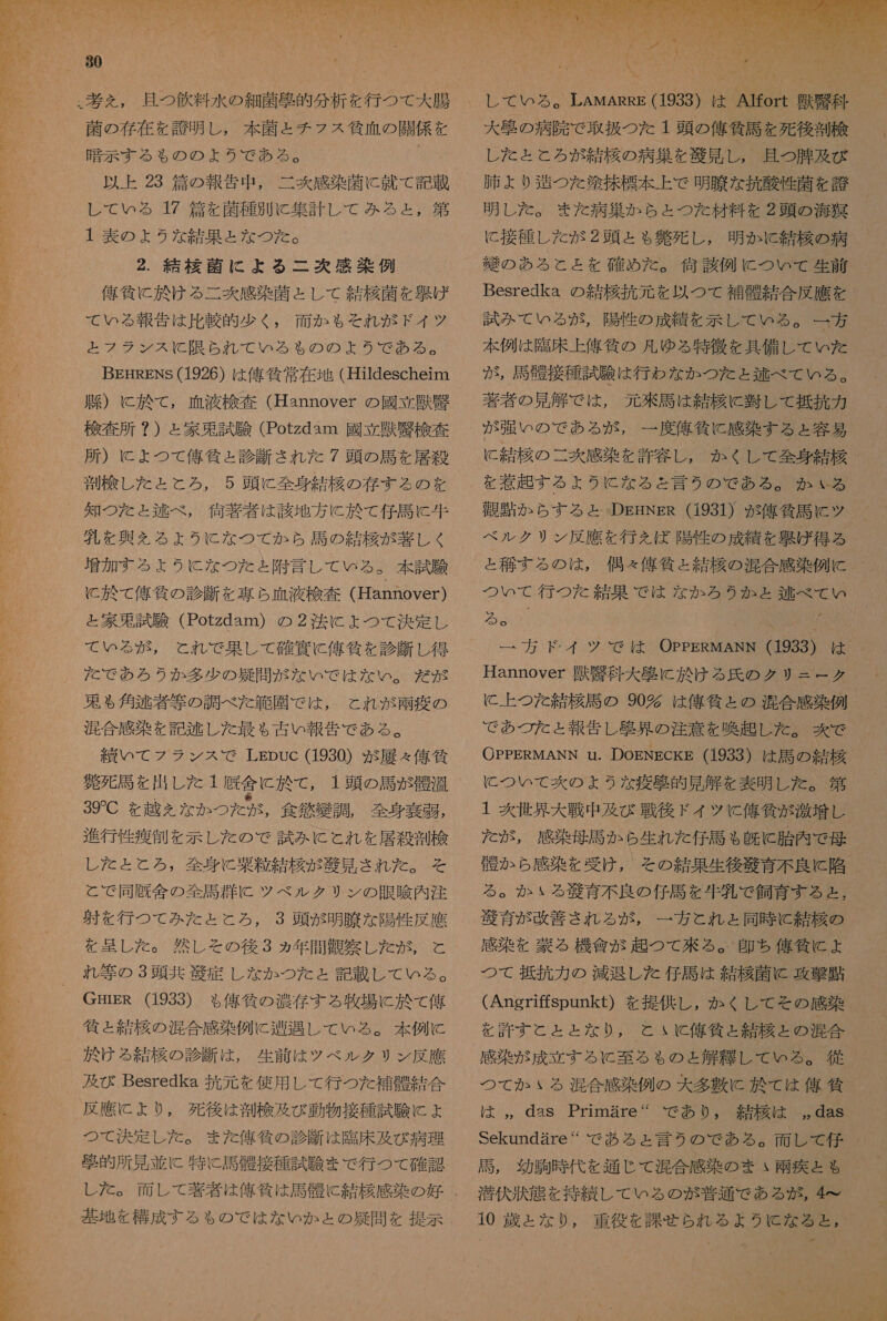   30 菌 の 存在 を 誇 明 し , 本 菌 と チ フ ス 和 貧血 の 開 係 を 暗示 する も の の よう で ある 。 「 以上 23 偏 の 報告 中 , 二 爽 感染 菌 に 就 て 記載 し て いる 17 息 を 菌 種別 に 集計 し て みる と , 第 1 表 の よう な 結果 と な つた だ 。 2. 結 桜 菌 に よる 二 感 楽 例 俺 負 に 於 ける 二 表 感染 菌 と し て 結 概 菌 を 此 げ て いる 報告 は 比較 的 少く , 面 か も それ が ドイ ツ と フラ ンス に と 限ら れ て いる も の の よう で ある 。 BEHRENS (1926) は 億 各 常 在 地 (Hildescheim 障 ) に 於 て , 血液 検査 (Hannover の 國 立 獣 臨 検査 所 ? ) と 家 束 試験 (Potzdam 國 立 潤 中 検査 所 ) に よ つ て 俺 所 と 診断 され た 7 頭 の 馬 を 居 殺 測 槍 し た と と ろ , 5 頭 に 全身 結 概 の 存する の を 知 つ を た と 舌 べべ , 何 芋 者 は 該 地 方 に 於 て 仔馬 に 生 外 を 興 ん る よう に な つて か ら 周 の 結 概 が 著しく C 於 て 俺 負 の 診断 を 三 ら 血 液 検 査 (Hanmover) と 家 束 試験 (Potzdam) の 2 法 に よ ょ つて 決定 し て いる が , と れ で 果して 確 冥 に 俺 條 を 診断 し 得 / だ で あろ うか 多少 の 問 が な いで は な い 。 だ が 果 も 角 逃 者 等 の 調べ た 範 園 で は , と れ が 丁 疫 の 泥 合 感染 を 記述 し た 最も 古い 報告 で ある 。 纏い て フラ ンス で LEpUuc (1930) が 展 々 俺 答 発 移 馬 を 出し た 1 厩舎 に 於 て , 1 頭 の 馬 が 内 温 39C を 越 を な か つた が , 食欲 獲 調 , 全身 奏 乙 , 進行 性 痩 抽 を 示し た の で 試み に と れ を 必殺 着 検 し た と と ろ , 全身 と 栗 粒 結 が 敬 見 され た 。 そ を と で 同友 舎 の 全 計 に ツベルクリン の 眼 具 内 注 を 基 し た 。 然し その 後 3 ヵ年 間 弟 察し た が , こと れ 等 の 3 頭 共 芝 症 し な か つた と 記載 レ て いる 。 GHiER (1933) ゃ 俺 徐 の 浪 存 する 牧場 に 於 て 人 貧 と 結 概 の 混合 感染 例 に 避 刀 し て いる 。 本 例 c 於 ける 結 概 の 診断 は , 生前 は ツベルクリン 反 應 及び Besredka 抗 元 を 使用 し て 行 つた 補 査 結合 反 應 に より , 死後 は 判 検 及び 動物 接種 試験 に ょ つて 決定 し た 。 また 俺 筑 の 診断 は 了 臨床 及び 病理 堅 的 所 見 並 に 特に 馬 骸 接種 試験 まで 行 つ て 確認 寺地 を 構成 する も の で は な いか と の 疑問 を 提示 し た と こと ろ が 結 の 病巣 を 衣 見 し , 且つ 肌 及 び 肺 より 鞍 つ た 塗 抹 標 本 上 で 明 臓 な 抗 酸性 菌 を 誇 明 し を た 。 また 病巣 か ら と つた 材料 を 2 頭 の 海 導 に 接種 し た が 2 頭 と も 上 英和 死 し , 明か に 結 粗 の 病 既 の ある と と を 確 め た 。 何 該 例 に つい て 生前 Besredka の 結 概 抗 元 を 以 つ て 科 骸 結合 反 應 を 試み て の る が , 陽 作 の 成績 を 示し て いる 。 一 方 本 例 は 臨床 上 偉 仙 の 凡 ゆ る 特徴 を 具備 し て いた が , 計 里 接種 試 験 は 行わ な か つた と 夢 べ て いる 。 著者 の 見 解 で は , 元 來 馬 は 結 概 に 肝 し て 抵抗 カ 盾 呈 か ら す る と DEEHNER (1931) が 倍 筆 周 に ツ ベル クリ ン 反 應 を 行 を ば 陽性 の 成績 を げ 得る と 各 する の は ,  る 。 Hannover 漁 踏 科大 胞 に 炎 け る 氏 の クリ ニー ク OPPERMANN u. DOENECKE (1933) は 馬 の 結 概 に つい て 茨 の ょ うな 疫 不 的 見 解 を 表明 し た 。 第 1 区 世界 大 戦中 及び 戦後 ドイ ツ ッ に 人 居 委 が 激増 レ た が , 感染 母 馬 か ら 生れ た 仁 馬 も 巡 に 胎内 で 母 る 。 か いる 多 育 不良 の 仔馬 を 生乳 で 飼育 する と , 般 育 が 改善 され る が , 一 方 と れ と 同時 に 結 概 の 感染 を 蒙 る 機 合 が 起 つて 來 る 。 急 ち 優 貧し に よ つて 抵抗 力 の 減退 し た 仔馬 は 結 徹 菌 攻撃 央 (Angriffspunkt) を 提供 し , か くし て その 感染 を 許す と と と な り , と いと 俺 貧 と 結 枝 と の 混合 感染 が 成立 する に 至る も の と 解 組 し て いる 。 徒 つて か いる 混合 感染 例 の 大 多 環 に 於 て は 偉 貧 は ,, daS Primare“ で あり , Sekundare で ある と 言う の で ある 。 耐 し て 仔 馬 , 幼 駒 時 代 を 通じ て 混合 感染 の まい 爾 疾 と も る 潜伏 状態 を 持 し て いる の が 普通 で ある が , 4 て 10 蔵 と な り , 重役 を 課 福 られ る よう なると, デコ