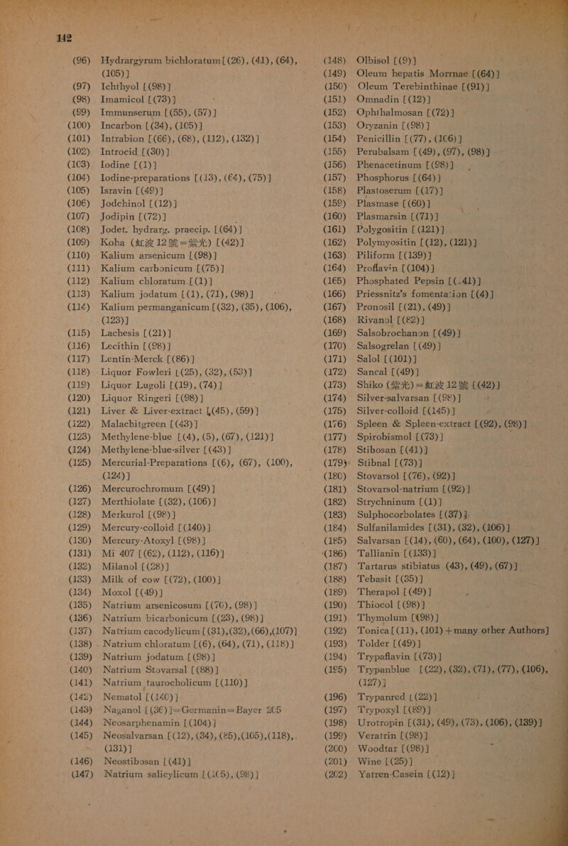 (105) ] Tchthyol [(98) ] Imamicol [ (73) ] Immnunserun [ (55), (57) ] Incarbon【 (34), (105)] Intrabion[(66), (68), (112), (132) ] Introcid「(30) ] Iodine [(1] Todine-preparations[(13), (C4), (75) ] Tsravin [ (49) ] Jodchinol [(12) Jodipin[(72)] Jodet. hydrarg. praecip.[ (64) ] Koba ( 虹 波 12 中 = 累 光 ) [(42)] Kalium arsenicum (98) ] Kalium carbonicum [ (75) ] Kalium chloratum [ (1) ] Kalium jodatum [ (1), (71), (98) ] Kalium permaneanicum [(32), (35), (106), (123)] Lachesis[(21) ] Lecithin[ (SS) ] Lentin-IMerck [(86)] Liquor Fowleri | (25), (32), (53) ] Liquor Lueoli[(19), (74) Liquor Kineeri[ (98) ] Liver &amp; Liver-extract [(45), (59) 】 Malachitcreen[(43)] Methylene-blue [(4), (5), (67), G21)] Methylene-blue-silver [ (43) ] Mercurial-Preparations[(6)。 (67), (100), (124)] Mercurochromum (49) ] Merthiolate [(32), (106) ] Merkurol [(98) ] Mercury-colloid [(140)] IMercury-Atoxyl [(98) ] Mi 407[(62), (112), (116) ] Milanol [(28) ] Milk of cow [(72), (100)] Moxol [(49) ] Natrium arsenicosum [ (70)。(98) ] Natrium bicarbonicum [ (23), (98) ] Natrium chlorataum [ (6), (64), (71), (118) Natrium jodatum [ (98) ] Natrium Stovarsal [(88) ] Natrium .taurocholicum [ (110) ] Nematol [(14C) ] Nasanol [ (36)]= ニ Germanin 三 Bayer 2C5 Neosarphenamin[ (104) Neosalvarsan [(12), (34), (85),(105),(118),. (131) ] ITNeostibosan[(41)] Natrium salicylicum (1C5), (98) ] (148) (149) (150) (151) (152) (153) (154) (155) (156) (157) (158) (159) (160) (161) (162) (163) (164) (165) (166) (167) (168) (169) (170) (171) (172) (173) (174) (175) (176) (177) (178) (18C) (181) (182) (183) (184) (185) (187) 88) (189) (190) (191) (192) (193) (194) (165) (196) (197) (198) (199) (260) (201) (262)  O1bisol [ (9⑨) ] Oleum hepatis Morrnae [(64) ] Oleum Terebinthinae [ (91) ] Onadin[ (12) ] Ophihalmosan[(72) ] Oryzanin「(98) ] Penicillin「(77) , (1C6) ] Perubalsam (49) , (97), (98) ] Phenacetinum [ (SS8) ] Phosphorus (64) ] Plastoserum [(17)] 10 に [ (60) ] Plasmarsin[(71)] Polygosiin[ (121) ] Polymyositin[(12), (121) ] Piliform [(139)] ProHHavin [(104)] Phosphated Pepsin[(.41) ] Priessnitz's fomenta*ion[(4) Pronosil [(21), (49) ] Rivanol [ (2) ] Salsobrochanon [ (49) Salsogrelan [ (49) ] Salol [ (101) ] Sancal [(49) ] Shiko (紫光 ) 三 虹 波 12 紋 [(42)」 Silver-salvarsan[(9S) ] * Silver-colloid [(145) ] Spleen 移 Spleen- extract [ (92), (28) ] Spirobismol [(73) ] Stibosan[(41) ] Siibnal「(73)] Stovarsol †[ (76), (92) ] Stovarsol-natrium [ (92) ] Strychninum [ (1) ] Saulphocorbolates [ (37)』 Sulfanilamides [ (31) , (32) , (106) ] . Salvarsan[(14), (60), (64), (100), (127) Tallianin[(133)] し Tartarus stbiatus (43), (49), (67)] Tebasit [(35)] Therapol [(49) ] Thiocol [ (98) ] iPN いい ょ の 語 4 Thymolum 98) ] | Tonica [(11), (101) 二 many ofher Atom に Tolder [(49) ] Trypaflavin[(73) ] . 敵 Trypanblue [(22), (32), Cd.4(Y7) ょ (06). (127 )] Trypanred [ (22) ] 2 か EE、 Trypoxyl1 [(89)] 2 Urotropin [ (31), (49), (73), (106), Ga9】 Veratrin [(98) ] Woodtar [(98)] Wine [(25)] 『 Yatren-Casein「 (12) ]  