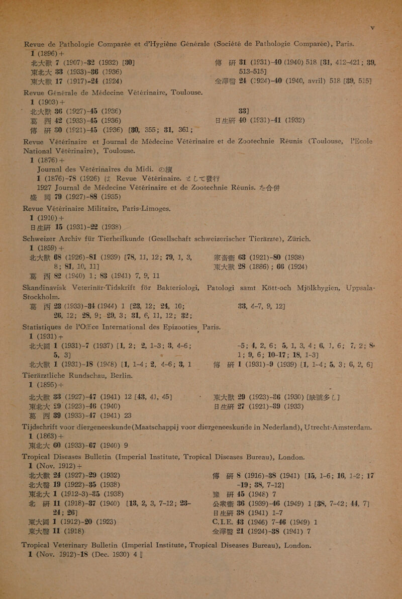   の の ( ( の 。 - す (1896)+ 9 の - 北大 獣 7 (1907)-82 G982) [30] 億 研 時 (1931)-40 (1940) 518 [81。 412-421 : 89, 9 東北 大 38 (1933)-86 (1936) “ 513-515] 了 東大 獣 17 (1917)-24 (1924) ' 金澤 臨 94 (924)-40 (1940, avril) 518 [89, 515] Revue Generale de Medecine Ve1erinaire,。 Toulouse. が 1 (1903) + の なり 上 北大 名 36 (1927)-45 (1936) 1 ' 高 西 氏 G938)- 拓 1936) 日 生研 40 (1631)-41 (1932) 偉 研 30 Ge21)-45 (1986) [80, 355: 81。 361: Revue Veterinaire et ournal de Medecine Veterinaire et de ootechnie Reunis (Toulouse。 PEcole National Veterinaire), Toulouse. 』 (1876) 十 Tournal des Veterinaires du Midi. の 練 』 (1876)-78 (1926) は Revue Veterinaire. さして 各 行 1927 journal de Medecine Veterinaire et de Zootechnie Reunis. を 合併 成 岡 79 (927)-88 (1935) Revue Veterinaire IMilitaire。Paris-Lirmoges. 』 (1910) 日 生研 5 G931)-92 (1938) Schweizer Archiv fiir Tierheilkande (Gesellschaft schweizerischer PearZte)。 Zirich. 』 (1859) 二 4 北大 獣 68 (1926)-8S1 (1939) [78, 11, 12: 79, 1, 3, 家 吉 衛 68 (1921)-80 (1938) 79 は 1 、 東大 獣 88 (1886) : 66 (1924) 編 に 本 8S2 (1940) 1: 8S8 (1941) ?. 9 の 1 Skandinavisk Veterinar-Tidskrift fGr Bakteriologi。 Patologi samt Kott-och Mijolkhygien, Uppsala- Stockholm. 斉 西 器 (1938)-88 (1944) 1 [93 12: 9 旬 10: 898。4-7、9, 12] 2 12: 29 9・-89 3: 8 も 6 1 12: 82: RNN Statistiques de PO 邊 ce Tnternational des Epizooties_ Paris、 1 (1981) + 「 「 北大 園 1 (1931)-7 (1937) [1 2 92.1.3: も 6: -5:442.6:55134:61.6: 2: の 08 に 1: 9, 6: 10-17 : 18, 1-3] _ 北 大 馬 1 (1933)-1S 3928) [1L 1-4: 2。4-6: あ 1 人 矯 研 ! 931) -9 (1939) [1 1-4: ぁ 3: 6 2 9 Tierarztliche Rundschau, 05 は 1 (1895) 本 「 ' y 北大 獣 88 (1927)-#47 (1941) 12 [43, 4], 45] , ・ 東大 獣 29 1928)-86 (1930) [ 鉄 貌 多 し ] 東北 大 .29 (1923)-46 (1940) 日 生研 27 (1921)-89 (1933) 葛 西 89 (1933)-47 (1941) 23 Tijdschrift voor diergeneeskunde(Maatschappij 1] Yoor RSbd in Nederland)。 Ufrecht- Amsterdarn. 1 (1863) 東北 大 60 (1933)-67 Ge40) 9 ' 耳 ropical Diseases Bulletin (Imperial Institute, Tropical Diseases Bureau), London. 』 (Nov. 1912) + 北大 環 84 (1927)-29 (1932) 億 研 S G916)-8S G941) [5 1-6: 16, 1-2: 17 _ 北大 避 19 922)-85 (1938) -19 : 38, 7-12] 東北 大 』 (1912-3)-85 (1938) - 双 研 45 (1948) 7 北 研 (1918)-87 (1940) [18, 2 3, 7-12: 8- 公衆 衛 36 (1939)-46 (1949) 1 [88, 7-42: 44, 7] 24 : 96] 日 生研 88 (1941) 1-7 東大 園 4 (1912)-90 (1923) .、 C.I.E. 48 (1946) 7-46 (1949) 1 東大 警 1# (1918) ' 金澤 共 81 (1924)-88 (1941) 7 、 Tropical Veterinary Bulletin (Imperial Institute。 Tropical Diseases Bureau)。 London. 』 (Nov. 1912)-1S (Dec. 1930) 4 |