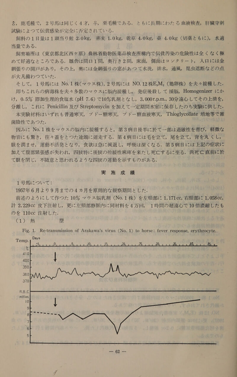 試験 に よ つ て 伝 貧 感 染 が 完全 に 償 定 され て いる . 飼料 の 1 日 量 は 1 頭 当 り 毅 2.0kg, 雅実 1.0kg, 乾 草 4.0kg, 菓 4.0kg ( 切 菓 と も に ), 水 適 当量 で ある . 飼育 場所 は (東京 都 北 区 西ヶ原 ) 農林 省 動物 医 楽 品 検査 所 構内 で 伝 貧 汚 染 の 危険 性 は 全く な く 極 め て 好適 な と ころ で ある . 厩舎 は 間口 1 間 , 奥行 き 2 間 , 床 面 , 側面 は ュ ン クリ ー ト , 入口 に は 金 網張 り の 開 戸 が あり , その 上 , 奥 に は 金網 張り の 窓 が あつ て 水洗 , 排水 , 通風 , 昆虫 放 断 な どの 点 が 大 過 備 わ つ て いた . そし て , 1 号 馬 に は No.1 株 (マッ ゥ ス 株 ), 2 号 馬 に は NO. 12 株 E。M。 (鶏卵 株 ) を 夫々 接種 し た . 即ち これ ら の 病 毒 株 を 夫々 多数 の マウ ス に 脳 内 接種 し , 発症 後 殺 し て 採 脳 ,。 Homogenizer に か け , 0.5%% 爵 加 生理 的 食塩 水 (pH 7.6) で 10 多 乳剤 と な し , 3,000r.p.m., 30 分 遠心 し て その 上 清 を , 分 離し , これ に Penicillin 及び Streptomycin を 加え て 一 定期 間 水 室 に 保存 し た の ち 実 験 に 供し た . 本 実験 材料 は いずれ も 普通 寒天 , ブ ド ー 糖 寒天 , ブ ド ー 糖 血液 寒天 , Thioglycollate 培地 等 で 雑 菌 陰 作 で あつ た . 因みに No.1 株 を マウ ス の 脳 内 に 接種 する と , 第 3 病 日 後半 に 於 て 一 部 は 過敏 性 を 帯び , 軽微 な 音 に も 驚き , 往々 蓋 を と つた 途 端 に 通 走 する . 第 4 病 日 に は 毛 を 立て , 尾 を 立て , 育 を 丸く し, 眼 を 潤 ま せ , 運動 不 活発 と な り , 食欲 は 急 に 減退 し , 呼吸 は 深く な る . 第 5 病 日 に は 上 記 の 症状 に 加え て 腹部 緊張 感 が 失わ れ , 四肢 特に 後肢 の 逆 緩 性 麻痺 を 来たし 死亡 する に 至る . 尚 死亡 直前 に 於 て 眼 を 閉じ , 不随 意 と 思わ れる よう な 四肢 の 運動 を 示す も の が ある . 実 施 成 貫 本 人 こつ WC 1957 年 6 月 より 9 月 まで の 4 カ ヵ月 を 原則 的 な 観察 期間 と した. 前 述 の よう に し て 作 つ た 10 多 マウ ゥ ス 脳 乳剤 (No. 1 株 ) を 左 頸 部 に 1, 171cc, 右 頸 部 に 1,058cc, 計 2,229cc 皮下 注射 し , 更に 左 頸 部 静脈 内 に 同 材 料 を 4 万 回 , 1 時 間 の 超 遠 心 で 10 倍 濃縮 し た も の を 110cc 注射 し た . (1) 熱 中 Fig. 1. Re-transmission of Arakawa's virus (No. 1) to horse: fever response, erythrocyte. D 本 emp. 1 恨 0 o) 10 5 20 25 0 40 5 て 410 400 | 由 「。 、/ へ ペー ニノ NN 38.0 370 R.B.C. milhion PT