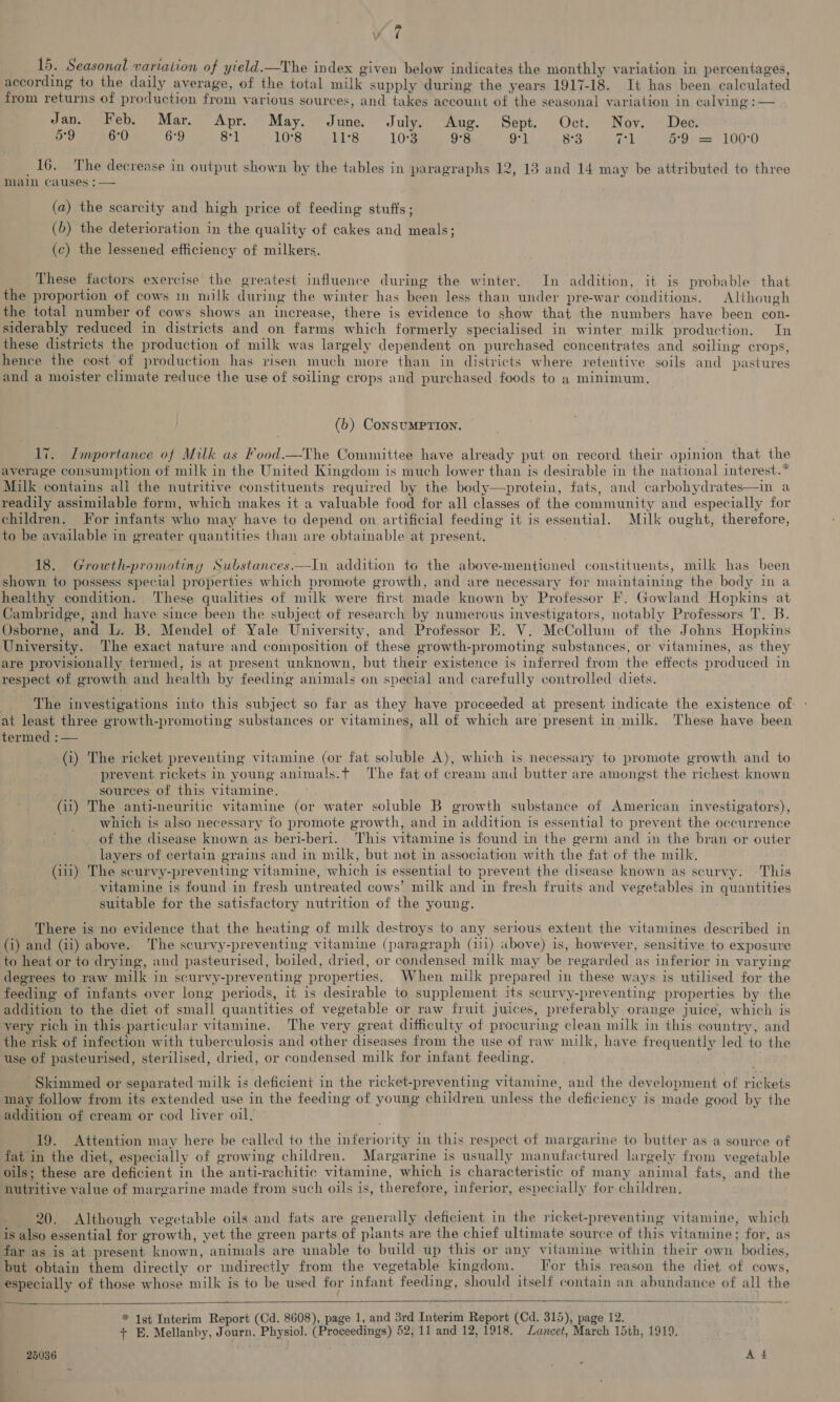 7 + ; . ‘ . . . é ‘ . ‘ ‘ 15. Seasonal variation of yield.—The index given below indicates the monthly variation in percentages, according to the daily average, of the total milk supply during the years 1917-18. It has been calculated from returns of production from various sources, and takes account of the seasonal variation in calying :— Jan. Feb. Mar. Apr. May. June. July. Aug. Sept. Oct. Nov. Dee. 5°9 6°0 6°9 8°1 10°8 11°8 10°3 9°8 9°] 8°3 ran | 5°9 = 100°0 ml ee N , hanes p 5 i : : ? € : : : _16. The decrease in output shown by the tables in paragraphs 12, 18 and 14 may be attributed to three main causes : — (a) the scarcity and high price of feeding stuffs; (b) the deterioration in the quality of cakes and meals; (c) the lessened efficiency of milkers. These factors exercise the greatest influence during the winter. In addition, it is probable that the proportion of cows in milk during the winter has been less than under pre-war conditions. Although the total number of cows shows an increase, there is evidence to show that the numbers have been con- siderably reduced in districts and on farms which formerly specialised in winter milk production. In these districts the production of milk was largely dependent on purchased concentrates and soiling crops, hence the cost of production has risen much more than in districts where retentive soils and pastures and a moister climate reduce the use of soiling crops and purchased foods to a minimum, (b) ConsuMPTION. 17. Importance of Milk as Food.—The Committee have already put on record their opinion that the average consumption of milk in the United Kingdom is much lower than is desirable in the national interest.* Milk contains ali the nutritive constituents required by the body—protein, fats, and carbohydrates—in a readily assimilable form, which makes it a valuable food for all classes of the community and especially for children. For infants who may have to depend on artificial feeding it is essential. Milk ought, therefore, to be available in greater quantities than are obtainable at present. 18. Growth-promoting Substances.—In addition to the above-mentioned constituents, milk has been shown to possess special properties which promote growth, and are necessary for maintaining the body in a healthy condition. These qualities of milk were first made known by Professor F. Gowland Hopkins at Cambridge, and have since been the subject of research by numerous investigators, notably Professors T. B. Osborne, and L. B. Mendel of Yale University, and Professor EK. V. McCollum of the Johns Hopkins University. The exact nature and composition of these growth-promoting substances, or vitamines, as they are provisionally termed, is at present unknown, but their existence is inferred from the effects produced in respect of growth and health by feeding animals on special and carefully controlled diets. The investigations into this subject so far as they have proceeded at present indicate the existence of at least three growth-promoting substances or vitamines, all of which are present in milk. These have been termed : — (i) The ricket preventing vitamine (or fat soluble A), which is necessary to promote growth and to prevent rickets in young animals.t The fat of cream and butter are amongst the richest known sources of this vitamine. (i1) The anti-neuritic vitamine (or water soluble B growth substance of American investigators), which is also necessary to promote growth, and in addition is essential to prevent the occurrence of the disease known as beri-beri. This vitamine is found in the germ and in the bran or outer layers of certain grains and in milk, but not in association with the fat of the milk. Gui) The scurvy-preventing vitamine, which is essential to prevent the disease known as scurvy. This vitamine is found in fresh untreated cows’ milk and in fresh fruits and vegetables in quantities suitable for the satisfactory nutrition of the young. There is no evidence that the heating of milk destroys to any serious extent the vitamines described in (i) and (ii) above. The scurvy-preventing vitamine (paragraph (111) above) is, however, sensitive to exposure to heat or to drying, and pasteurised, boiled, dried, or condensed milk may be regarded as inferior in varying degrees to raw milk in scurvy-preventing properties. When milk prepared in these ways is utilised for the feeding of infants over long periods, it is desirable to supplement its scurvy-preventing properties by the addition to the diet of small quantities of vegetable or raw fruit juices, preferably orange juice, which is very rich in this particular vitamine. The very great difficulty of procuring clean milk in this country, and the risk of infection with tuberculosis and other diseases from the use of raw milk, have frequently led to the use of pasteurised, sterilised, dried, or condensed milk for infant feeding. Skimmed or separated milk is deficient in the ricket-preventing vitamine, and the development of rickets may follow from its extended use in the feeding of young children unless the deficiency is made good by the addition of cream or cod liver oil. 19. Attention may here be called to the inferiority in this respect of margarine to butter asa source of fat in the diet, especially of growing children. Margarine is usually manufactured largely from vegetable oils; these are deficient in the anti-rachitic vitamine, which is characteristic of many animal fats, and the nutritive value of margarine made from such oils is, therefore, inferior, especially for children. 20. Although vegetable oils and fats are generally deficient in the ricket-preventing vitamine, which is also essential for growth, yet the green parts of piants are the chief ultimate source of this vitamine; for, as far as is at present known, animals are unable to build up this or any vitamine within their own bodies, but obtain them directly or indirectly from the vegetable kingdom. or this reason the diet of cows, especially of those whose milk is to be used for infant feeding, should itself contain an abundance of all the    * 1st Interim Report (Cd. 8608), page 1, and 3rd Interim Report (Cd. 315), page 12. + E, Mellanby, Journ. Physiol. (Proceedings) 52, 11 and 12,1918. Lancet, March 15th, 1919,