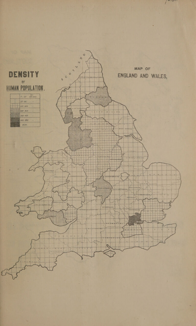 - ~ | MAP OF cee ENGLAND AND WALES, DENSITY ._.. QF HUMAN POPULATION.     aT a aaaae on pr i          - ! ‘ = ” aR, eb eees ae NY, ea Sat j cin dns ove ia ever f| —t- ; | oh ee, | j f PURSE RITE Ik   ; ¢ Pd ; ~ MONTCOMERYQHIRE )     