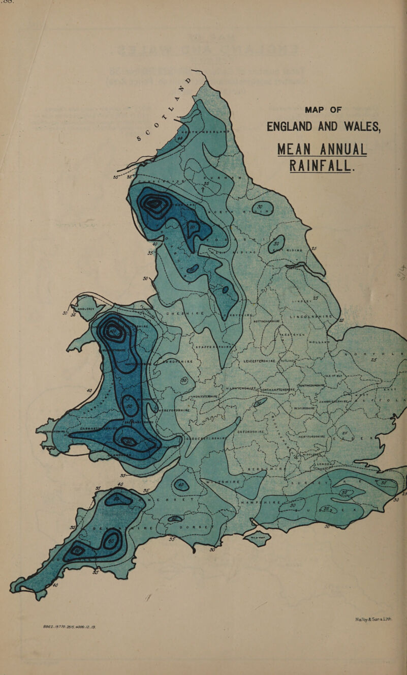    MAP OF ENGLAND AND WALES, MEAN ANNUAL RAINFALL. , wa   ee 857° 35% 1 \ \ ? tedden x       am: Mwesteven # a : Ae t PHOLLAMt 2 vf 3 che dA... ie? ; ries Ni aie is ae w\e R F- 0 7 ay ee atte a &gt; : 25  + he   {        ar ca (y MEICESTERSH IRE APNE: peta, -t- &amp; \ ‘ we re Ase ‘ Natt ‘ mo Seca “a a t es y ~ By Ate ae \ Beer ee jain « a! eet {SLE OF ELY “\a-5-o— 7 i cw a ie : Fieeabieh| rata ce a ; al’ “tor i oar sfonrmcoomanite i * eerEe 40 CARY TONS HLRE He rosmaseraey RE uae J See ig ts ale ag SER, Ss ao t Soest os ; —— i coat eC: ee wesyT 4 ne u SEE ass eed   ae RNS a x os peste ea 4 z, « Y DeDrORDEHIRE Soe &gt; a wes oo i ot Se Be Ot est ogni as       J + ee Ona HERTFORDSHIRE *” s. 8862 ./5770.2515.4000 ./2.19.