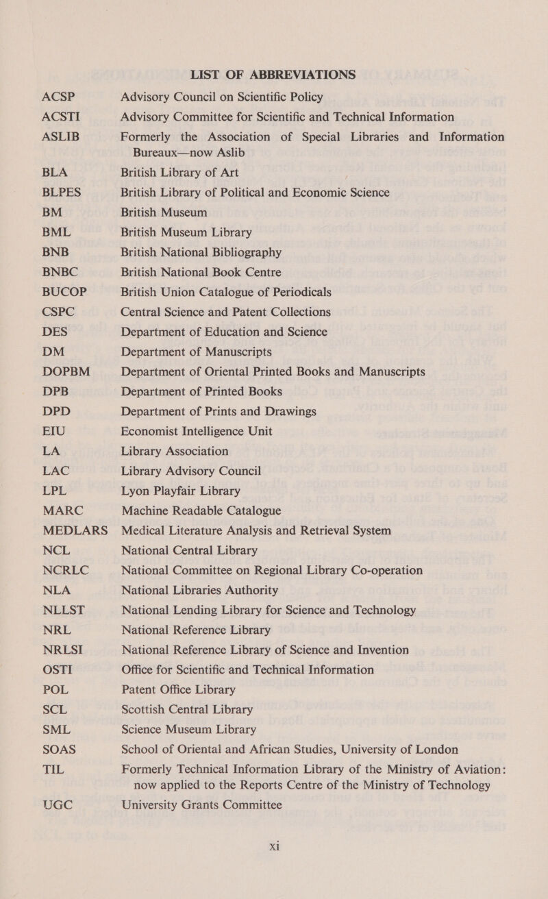 ACSP ACSTI ASLIB BLA BLPES BM BML BNB BNBC BUCOP CSPC DES DM DOPBM DPB DPD EIU LA LAC LPL MARC MEDLARS NCL NCRLC NLA NLLST NRL NRLSI OSTI POL SCL SML SOAS TIL UGC LIST OF ABBREVIATIONS Advisory Council on Scientific Policy Advisory Committee for Scientific and Technical Information Formerly the Association of Special Libraries and Information Bureaux—now Aslib British Library of Art ; British Library of Political and Economic Science British Museum British Museum Library British National Bibliography British National Book Centre British Union Catalogue of Periodicals Central Science and Patent Collections Department of Education and Science Department of Manuscripts Department of Oriental Printed Books and Manuscripts Department of Printed Books Department of Prints and Drawings Economist Intelligence Unit Library Association Library Advisory Council Lyon Playfair Library Machine Readable Catalogue Medical Literature Analysis and Retrieval System National Central Library National Committee on Regional Library Co-operation National Libraries Authority National Lending Library for Science and Technology National Reference Library National Reference Library of Science and Invention Office for Scientific and Technical Information Patent Office Library Scottish Central Library Science Museum Library School of Oriental and African Studies, University of London Formerly Technical Information Library of the Ministry of Aviation: now applied to the Reports Centre of the Ministry of Technology University Grants Committee xt