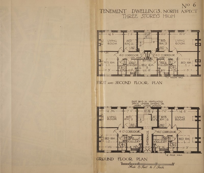 ~ “FENEMENT DWELLINGS. NORTH ASPECT : Se eae Oh Angi ain a , a a        | — 40 CORRIDOR 2 \Y4'0 CORRIDOR &gt;) ) pee. es GORE _UND pate 7 COAL = y bag . rey A BED RM lk: eBED RM. | : Tew=! 11 __ faage [ee eo | € (doaeyes soled o 4 he I” HOLLOW WALL FIRST ano SECOND FLOOR, PLAN DUST BINS IN VENTILATED SPACE. UNDER. LANDING OR. UNDER. OVER, OUTSID : F 4 a a , r a _ (a 1 eee es ‘ a 7 a ee e ‘ . el 5 ‘ ie et . “ 5 - 2 o | ie cre 14 ier : : : \ R eal LIVING A BEG LIVING eg ROOM . r ‘ ae   147 SOLID: WALL   | ROUND FLOOR, PLAN SS Z lo 20 Kale SB ket Lh /J Sabl: = a ee eo &gt; )