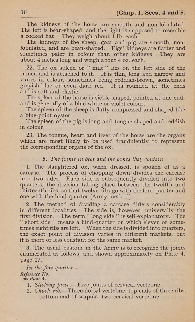 The kidneys of the horse are smooth and non-lobulated. The left is bean-shaped, and the right is supposed to resemble a cocked hat. They weigh about 1 lb. each. The kidneys of the sheep, goat and pig are smooth, non- lobulated, and are bean-shaped. Pigs’ kidneys are flatter and sometimes paler in colour than other kidneys. They are about 4 inches long and weigh about 4 oz. each. 22. The ox spleen or “‘ milt’’ lies on the left side of the rumen and is attached toit. Itis thin, long and narrow and varies in colour, sometimes being reddish-brown, sometimes greyish-blue or even dark red. It is rounded at the ends and is soft and elastic. The spleen of the horse is sickle-shaped, pointed at one end, and is generally of a blue-white or violet colour. The spleen of the sheep is flatly compressed and shaped like a blue-point oyster. The spleen of the pig is long and tongue-shaped and reddish in colour. 23. The tongue, heart and liver of the horse are the organs which are most likely to be used fraudulently to represent the corresponding organs of the ox. 5. The joints in beef and the bones they contain 1. The slaughtered ox, when dressed, is ‘spoken of as a carcase. The process of chopping down divides the carcase into two sides. Each side is subsequently divided into two quarters, the division taking place between the twelfth and thirteenth ribs, so that twelve ribs go with the fore-quarter and one with the hind-quarter (Army method). 2. The method of dividing a carcase differs considerably in different localities. The side is, however, universally the first division. The term “ long side ’’ is self-explanatory. The “short side ’’ means a hind-quarter on which eleven or some- times eight ribs are left. When the side is divided into quarters, the exact point of division varies in different markets, but it is more or less constant for the same market. 3. The usual custom in the Army is to recognize the joints enumerated as follows, and shown approximately on Plate 4, page 17. In the fore-quarter— Reference No. on Plate 4. 1. Sticking prece.—F ive joints of cervical vertebre. 2. Chuck rib.—Three dorsal vertebre, top ends of three ribs, bottom end of scapula, two cervical vertebre.