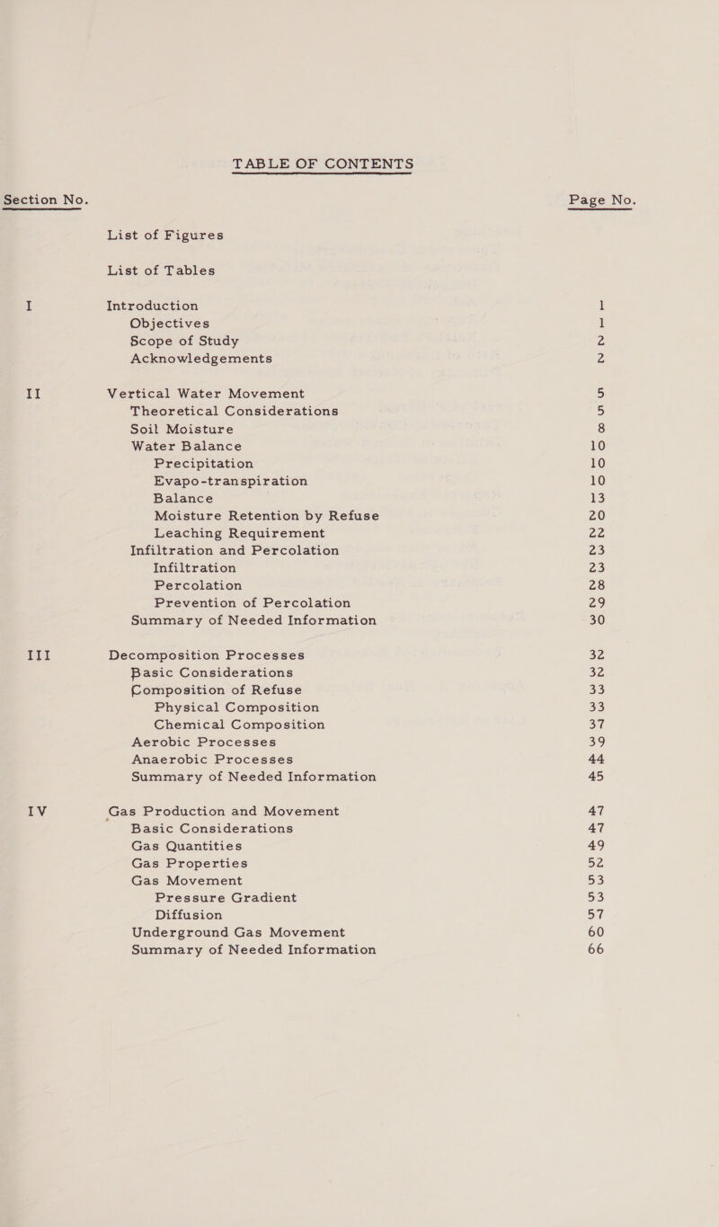 TABLE OF CONTENTS Section No. List of Figures List of Tables I Introduction Objectives Scope of Study Acknowledgements II Vertical Water Movement Theoretical Considerations Soil Moisture Water Balance Precipitation Evapo-transpiration Balance Moisture Retention by Refuse Leaching Requirement Infiltration and Percolation Infiltration Percolation Prevention of Percolation Summary of Needed Information ITI Decomposition Processes Basic Considerations Composition of Refuse Physical Composition Chemical Composition Aerobic Processes Anaerobic Processes Summary of Needed Information IV Gas Production and Movement Basic Considerations Gas Quantities Gas Properties Gas Movement Pressure Gradient Diffusion Underground Gas Movement Summary of Needed Information mM RK eK 10 10 10 13 20 22 23 23 28 29 30 32 32 33 33 a0 39 44 45 47 47 49 52, 53 53 57 60 66