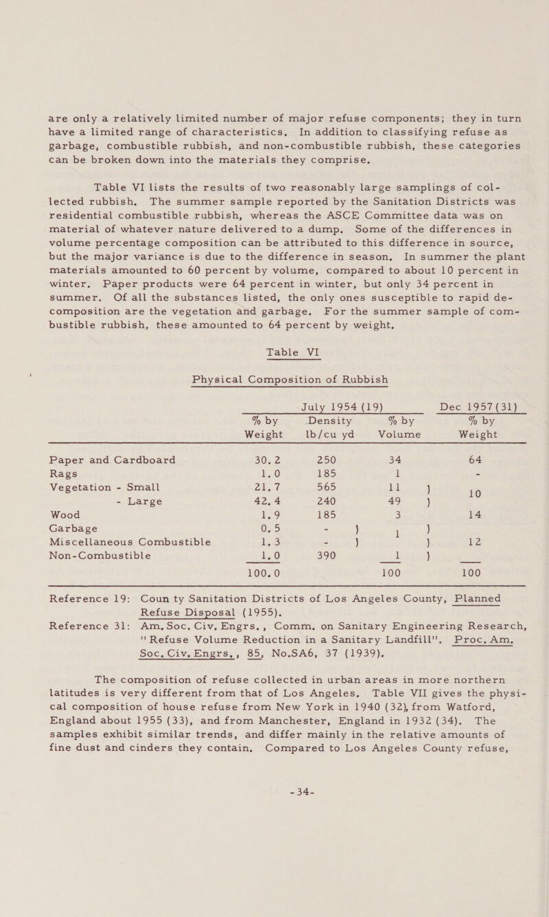 are only a relatively limited number of major refuse components; they in turn have a limited range of characteristics, In addition to classifying refuse as garbage, combustible rubbish, and non-combustible rubbish, these categories can be broken down into the materials they comprise. Table VI lists the results of two reasonably large samplings of col- ‘lected rubbish, The summer sample reported by the Sanitation Districts was residential combustible rubbish, whereas the ASCE Committee data was on material of whatever nature delivered to a dump. Some of the differences in volume percentage composition can be attributed to this difference in source, but the major variance is due to the difference in season. In summer the plant materials amounted to 60 percent by volume, compared to about 10 percent in winter. Paper products were 64 percent in winter, but only 34 percent in summer. Of all the substances listed, the only ones susceptible to rapid de- composition are the vegetation and garbage. For the summer sample of com- bustible rubbish, these amounted to 64 percent by weight. Table VI Physical Composition of Rubbish  July 1954 (19) Dec £957 (31) % by _Density % by % by Weight lb/cu yd Volume Weight Paper and Cardboard 30, 2 250 34 64 Rags 1.0 185 1 - Vegetation - Small 21,7 565 ll } 10 - Large 42,4 240 49 ) Wood 1.9 185 3 14 Garbage 0.5 - } 1 ) Miscellaneous Combustible ea - ) ) 12 Non-Combustible 1,0 390 ouk ) Ae 100.0 100 100 Reference 19: Coun ty Sanitation Districts of Los Angeles County, Planned Refuse Disposal (1955). Reference 31: Am.Soc. Civ. Engrs., Comm. on Sanitary Engineering Research, ' Refuse Volume Reduction in a Sanitary Landfill. Proc.Am, Soc. Civ. Engrs,, 85, _No.SA6, 37 (1939). The composition of refuse collected in urban areas in more northern latitudes is very different from that of Los Angeles. Table VII gives the physi- cal composition of house refuse from New York in 1940 (32), from Watford, England about 1955 (33), and from Manchester, England in 1932 (34). The samples exhibit similar trends, and differ mainly in the relative amounts of fine dust and cinders they contain. Compared to Los Angeles County refuse, 234s