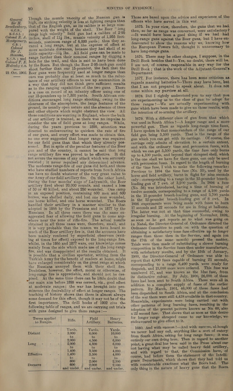 Colonel F. E. Mulcahy c.B. — _ 21 Oct. 1902. 80 Though the muzzle vesocity of the Russian gun is Genet high, its striking velocity is less at fighting ranges than Brackenbury, that of the English gun, as its calibre 1s so large com- G.C.B., pared with the weight of the shell. The Boer long K.C.S.I.; range high velocity” field gun had a calibre of 2°95 _ Colonel R. A. inches, shell of 114 lbs., muzzle velocity of 1,955 foot- Montgomery, seconds, maximum range of 6,800 yards; thus they se- eed cured a long range, but at the expense of effect at Colonel ore moderate distances, because they had shell of so a ee little capacity—11 lbs. All field guns can be made to range further than their nominal ranges by digging a hole for the trail, and this is said to have been done by the Boers. But though the Boer 2°95-inch gun could shoot further than our 15-pounder, the fact that the Boer guns were frequently used at longer ranges than ours was probably due at least as much to the reluc- tance of our artillery officers to use up ammunition in a way that they did not think gave sufficient results as to the ranging capabilities of the two guns. There is a case on record of an infantry officer using one of our 15-pounders up to 7,500 yards. South African con- ditions encouraged long range shooting, owing to the clearness of the atmosphere, the large features of the ground, its usually open nature and the absence of trees and other objects which might obstruct the view. All these conditions are wanting in England, where the bulk of our artillery is trained, so there was no impulse to consider the use of field guns at long ranges. While, during the years previous to 1899, attention was directed to endeavouring to quicken the rate of fire of our guns, and every effort was made to obtain this, no one ever suggested that longer range was required for our field guns than that which they already pos- sessed. But in spite of the peculiar features of the Boer gun and of the country, it cannot be said that long range artillery fire was proved to be effective. It did not secure the success of any attack which was seriously resisted ; it never repulsed any determined advance. The moderate range-fire of our guns did both,and those who have studied numbers of reports from South Africa can have no doubt whatever of the very great value to our Army of our field artillery fire. On the other hand, during the four months’ siege of Ladysmith, the Boer artillery fired about 20,000 rounds, and caused a loss of 30 or 40 killed, and about 250 wounded. One camp in an exposed position, containing 600 men and 600 horses, was shelled daily, and lost one man wounded, one horse killed, and one horse wounded. The Boers handled their artillery in a manner similar to that adopted in 1866 by the Prussians and in 1877 by the Russians. Jn all three cases there was the same ex- aggerated fear of allowing the field guns to come any- where near the zone of rifle-fire. The actual results obtained in all three cases were, therefore, small, and it is very probable that the reason we have heard so much of the Boer artillery fire is, that the accounts have been. mainly rendered by superficial observers (writ- ing at times for effect) exposed to the long-range fire, whilst, in the 1866 and 1877 wars, our knowledge comes mainly from the side which made use of the long-range fire, and was disappointed at the results obtained. It is possible that a civilian spectator, writing from the Turkish Army for the benefit of readers at home, might have enlarged considerably on the great range at which the Russians annoyed them with their shell fire. Doubtless, however, the effect, moral or otherwise, of long-range fire is appreciable, and should not be des- pised. At the same time there can be little doubt that at moderate ranges; the war has brought into pro- minence the desirability of effect at longer ranges. The teaching of history shows that there is almost always some demand for this effect, though it may not be of the first importance. The drill books of 1902 give the following table of ranges, and we are carrying out trials with guns designed to give these ranges :—    Terms applied . Field | Heavy to Ranges. Rifle. Artillery. Batteries. Yards. Yards, Yards. Distant 3,000 6,000 10,000 to to to 2,000 4,500 6,000 Long 2,000 4,500 6,000 to to to 1,400 3,500 4,000 Effective 1,400 3,500 4,000 to to to 600 2,000 2,500 Decisive - 600 2,000 2,500 and under. | and under. | and under,  Those are based upon the advice and experience of the: officers who have served in this war. 1675. In your view, therefore, the guns that we had. then, so far as range was concerned, were satisfactory? —It would have been a good thing if we had had long-range guns against the Boer guns, but I have en- deavoured to show the reasons why we, knowing how the European Powers felt, thought it unnecessary to. have long-range guns. 1676. There may be other changes, I suppose, in the Drill Book besides that ?—Yes, no doubt, there will be. I am not, of course, responsible in any way for the Drill Book ; that is the work of the Adjutant-General’s. Department. 1677. For instance, there has been some criticism as. regards massing batteries 7—There may have been, but. that I am not prepared to speak about. lt does not — come within my purview at all. 1678. Did I rightly understand you to say that you. are experimenting as to the class of gun to adopt for- those ranges?—We are actually experimenting with. guns which have been made to give us those results, with . the intention of re-arming the artillery. 1679. With a different class of gun from that which was used in South Africa ?—A longer range and a more- powerful gun. Then as regards long-range time fuses, I have spoken in that memorandum of the range of our _ field gun being 5,500 yards. That is the range of the gun which you can get with its carriage. Of course, the- carriage only admits of elevation to a certain extent, and with the ordinary time and percussion fuses, with which we can get 5,500 yards, the time fuse only burns. up to 4,100 yards, and beyond that shrapnel shell, which . is the one shell we have for these guns, can only be used with percussion fuses. In regard to the length of. burning- of the time fuse, I wish to make the following remarks: Previous to 1894 the time fuse (No. 55), used by the horse and field artillery, burnt in flight for nine seconds. only—corresponding to a range in the 12-pounder breech-- loading gun of 7 cwt. of 3,200 yards. In 1894 a fuse- (No. 56) was introduced, having a time of burning of twelve seconds, corresponding to a range of 4,100 yards: in the 15-pounder breech-loading guns, and 3,700 yards. in the 12-pounder breech-loading gun of 6 cwt. In 1896 experiments were being made with fuses to burn 17 seconds and 22 seconds for use in firing at balloons. The latter was not at that time successful, owing to irregular burning. At the beginning of November, 1899... as soon as he got reports as to what was going on in Natal, the Director-General of Ordnance directed the Ordnance Committee to push on with the question of obtaining a satisfactory time fuse effective up to longer: ranges than those then in the Service, and again (on the 17th of the same month) pressed the matter.. Trials were then made of substituting a slower burning composition in the Service fuses then under manufacture, . with satisfactory results, and by the 15th of January,. 1900, the Director-General of Ordnance was able to. report that 4,000 fuses capable of burning 21 seconds,. corresponding to a range 6,400 yards, were ready for despatch, and 15,000 more were ordered. This fuse was numbered 57, and. was known as the blue fuse, from its distinctive colour. By July, 1900, 26,000 of these fuses had been sent to South Africa. These were all in. addition to a complete supply of fuses of the earlier: pattern. By March, 1901, 46,000 of these fuses had’ been dispatched to South Africa, and at the conclusion: of the war there were still 4,438 available in that country.. Meanwhile, experiments were being carried out with. other patterns of long burning fuses, resulting in the adoption of the present pattern known as No. 60, also a 22 second fuse. That shows that as soon as this desire- for longer range shrapnel came to our knowledge, we- endeavoured to give effect to it. 1680. And with success ?—And with suce2ss, alihough we never had any call, anything like a sort of outcry — from South Africa, asking for long range fuses; it was. entirely our own doing here. Then in regard to another point, a great deal has been said in the Press about our: not having what may be called heavy field artillery,. and with regard to that, the Commission have, of course, had before them the statement of the Intelli- gence Department, which shows that they had told us with considerable exactness what the Boershad. The- only thing in the nature of heavy guns that the Boers.
