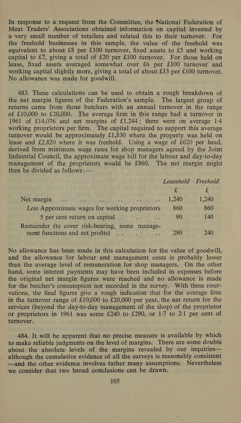 In response to a request from the Committee, the National Federation of Meat Traders’ Associations obtained information on capital invested by a very small number of retailers and related this to their turnover. For the freehold businesses in this sample, the value of the freehold was equivalent to about £8 per £100 turnover, fixed assets to £5 and working capital to £7, giving a total of £20 per £100 turnover. For those held on lease, fixed assets averaged somewhat over £6 per £100 turnover and working capital slightly more, giving a total of about £13 per £100 turnover. No allowance was made for goodwill. 483. These calculations can be used to obtain a rough breakdown of the net margin figures of the Federation’s sample. The largest group of returns came from those butchers with an annual turnover in the range of £10,000 to £20,000. The average firm in this range had a turnover in 1961 of £14,076 and net margins of £1,244; there were on average 1:4 working proprietors per firm. The capital required to support this average turnover would be approximately £1,830 where the property was held on lease and £2,820 where it was freehold. Using a wage of £620 per head, derived from minimum wage rates for shop managers agreed by the Joint Industrial Council, the approximate wage bill for the labour and day-to-day management of the proprietors would be £860. The net margin might then be divided as follows: — Leasehold Freehold £ spe « Net margin... rv he ¥: fi ton haa 1,240 Less Approximate wages for working proprietors 860 860 5 per cent return on capital .. i vi 90 140 Remainder (to cover risk-bearing, some manage- ment functions and net profits) .. at 9 290 240 No allowance has been made in this calculation for the value of goodwill, and the allowance for labour and management costs is probably lower than the average level of remuneration for shop managers. On the other hand, some interest payments may have been included in expenses before the original net margin figures were reached and no allowance is made for the butcher’s consumption not recorded in the survey. With these reser- vations, the final figures give a rough indication that for the average firm in the turnover range of £10,000 to £20,000 per year, the net return for the services (beyond the day-to-day management of the shop) of the proprietor or proprietors in 1961 was some £240 to £290, or 1:7 to 2:1 per cent of turnover. 484. It will be apparent that no precise measure is available by which to make reliable judgments on the level of margins. There are some doubts about the absolute levels of the margins revealed by our inquiries— although the cumulative evidence of all the surveys is reasonably consistent —and the other evidence involves rather many assumptions. Nevertheless we consider that two broad conclusions can be drawn.