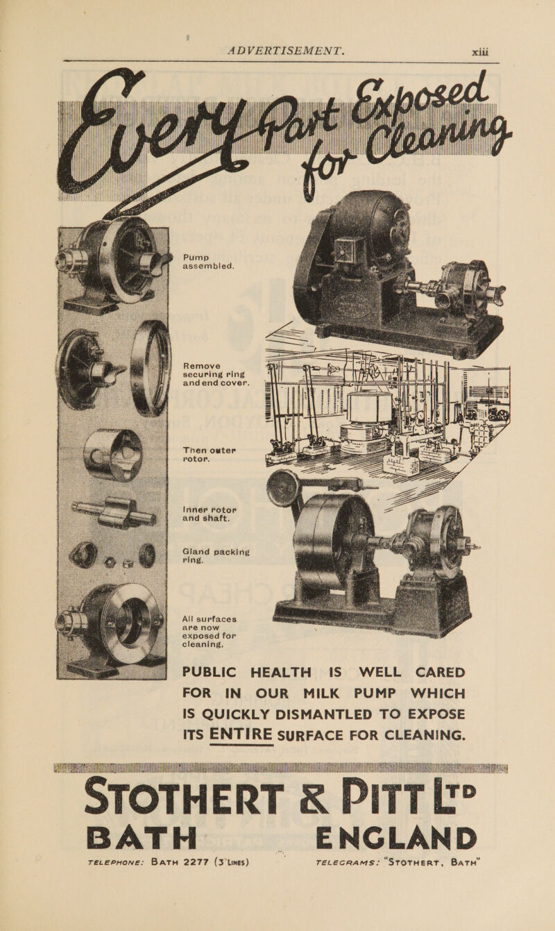 t ve hy , i wy, i f Ay ay We Pump assembled.      Remove securing ring andend cover.  Then oweter rotor. Inner rotor and shaft. Gland packing ring. Ail surfaces are now exposed for cleaning,  FOR IN OUR MILK PUMP WHICH IS QUICKLY DISMANTLED TO EXPOSE ITS ENTIRE SURFACE FOR CLEANING.  HA A STOTHERT &amp; PitTk? BATH. ENGLAND TELEPHONE: BATH 2277 (3° Lines) TELEGRAMS: STOTHERT, BATH