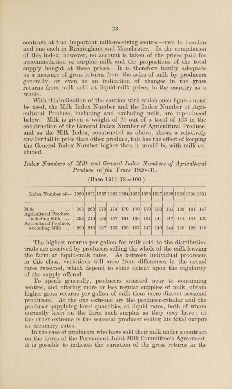 contract at four important milk-receiving centres—two in London and one each in Birmingham and Manchester. In the compilation of this index, however, no account is taken of the prices paid for accommodation or surplus milk and the proportions of the total supply bought at these prices. It is therefore hardly adequate as a measure of gross returns from the sales of milk by producers generally, or even as an indication of changes in the gross returns from milk sold at liquid-milk prices in the country as a whole. With thisindication of the caution with which such figures must be used, the Milk Index Number and the Index Number of Agri- cultural Produce, including and excluding milk, are reproduced below. Milk is given a weight of 21 out of a total of 123 in the construction of the General Index Number of Agricultural Produce, and as the Milk Index, constructed as above, shows a relatively smaller fall in price than other produce, this has the effect of keeping the General Index Number higher than it would be with milk ex- cluded. 7 Index Numbers of Milk and General Index Numbers of Agricultural Produce in‘the Years 1920-31. (Base 1911-13 =100.)              Index Number of— |1920)1921)1922) 1923) 1924) 1925/1926) 1927/1928/1929| 1930/1931 Milk <P .-- | 303) 263} 179) 174) 170] 170 a 160} 161) 169) 161) 147 Agricultural Produce, including Milk ... | 292} 219) 169} 157; 161} 159} 151) 144) 147| 144) 134} 120 Agricultural Produce, excluding Milk ... | 290) 210) 167) 153} 159} 157) 147; 140) 144) 139] 128) 115 The highest returns per gallon for milk sold to the distributive trade are received by producers selling the whole of the milk leaving the farm at liquid-milk rates. As between individual producers in this class, variations will arise from differences in the actual rates received, which depend to some extent upon the regularity of the supply offered. To speak generally, producers situated near to eonsuming centres, and offering more or less regular supplies of milk, obtain higher gross returns per gallon of milk than more distant seasonal producers. At the one extreme are the producer-retailer and the producer supplying level quantities at liquid rates, both of whom normally keep on the farm such surplus as they may have; at the other extreme is the seasonal producer selling his total output at creamery rates. In the case of producers who have sold their milk under a contraet on the terms of the Permanent Joint Milk Committee’s Agreement, it is possible to indicate the variation of the gross returns in the