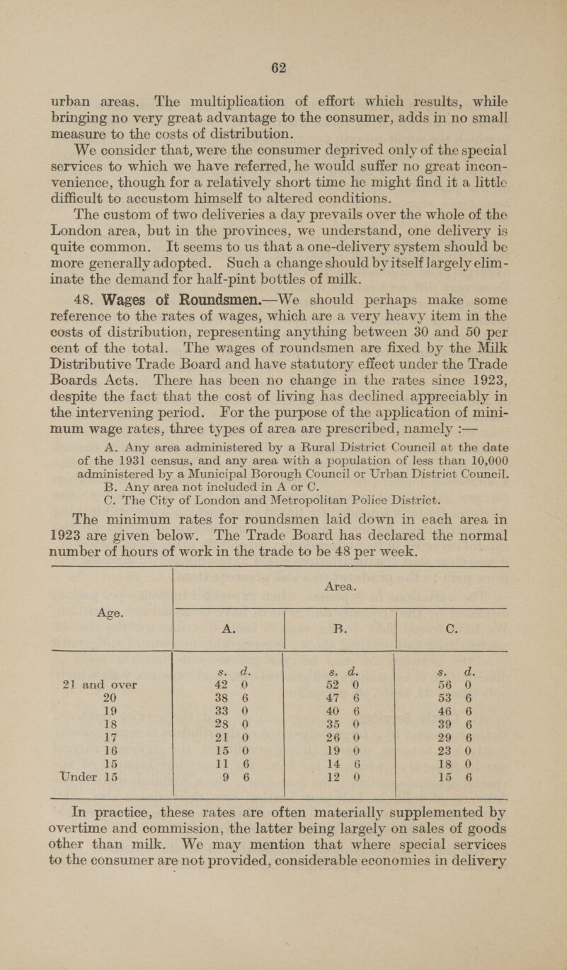 urban areas. The multiplication of effort which results, while bringing no very great advantage to the consumer, adds in no small measure to the costs of distribution. We consider that, were the consumer deprived only of the special services to which we have referred, he would suffer no great incon- venience, though for a relatively short time he might find it a little difficult to accustom himself to altered conditions. The custom of two deliveries a day prevails over the whole of the London area, but in the provinces, we understand, one delivery is quite common. It seems to us that a one-delivery system should be more generally adopted. Such a change should by itself largely elim- inate the demand for half-pint bottles of milk. 48. Wages of Roundsmen.—We should perhaps make some reference to the rates of wages, which are a very heavy item in the costs of distribution, representing anything between 30 and 50 per cent of the total. The wages of roundsmen are fixed by the Milk Distributive Trade Board and have statutory effect under the Trade Boards Acts. There has been no change in the rates since 1923, despite the fact that the cost of living has declined appreciably in the intervening period. or the purpose of the application of mini- mum wage rates, three types of area are prescribed, namely : A. Any area administered by a Rural District Council at the date of the 1931 census, and any area with a population of less than 10,000 administered by a Municipal Borough Council or Urban District Council. B. Any area not ineluded in A or C. C. The City of London and Metropolitan Police District. The minimum rates for roundsmen laid down in each area in 1923 are given below. The Trade Board has declared the normal number of hours of work in the trade to be 48 per week.  Area. Age. A. | B. C oe Re tbe . eee 21 and over 42.0 they re 56 0 20 38 6 47 6 53 «6 19 33-0 40 6 46 6 18 28 0 35 8 39 6 17 vA eee § 26 O 29 6 16 157 20) 19 O 23: 0 15 Il 6 14 6 18 0 Under 15 9 6 12 0 15 6 In practice, these rates are often materially supplemented by overtime and commission, the latter being largely on sales of goods other than milk. We may mention that where special services to the consumer are not provided, considerable economies in delivery