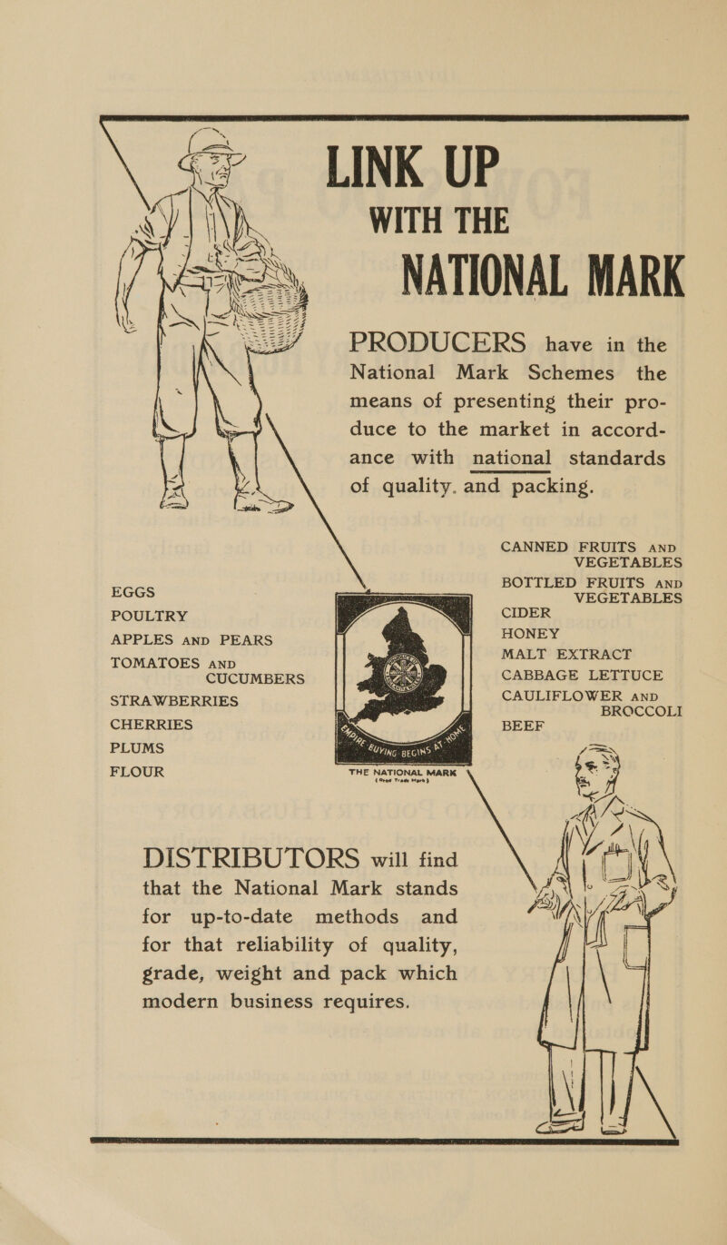    LINK UP WITH THE NATIONAL MARK upd ous gee PRODUCERS have in the ee National Mark Schemes the ae means of presenting their pro- L duce to the market in accord- ance with national standards of quality. and packing. CANNED FRUITS anp       VEGETABLES BOTTLED FRUITS anp EGGS VEGETABLES POULTRY CIDER APPLES anp PEARS , ie a TOMATOES anpD lest eet CUCUMBERS CABBAGE LETTUCE CAULIFLOWER anp STRAWBERRIES igtincoul CHERRIES ox | BEEF i AS . PLUMS Ble ng aca FLOUR THE NATIONAL MARK  DISTRIBUTORS will find that the National Mark stands for up-to-date methods and for that reliability of quality, grade, weight and pack which modern business requires.