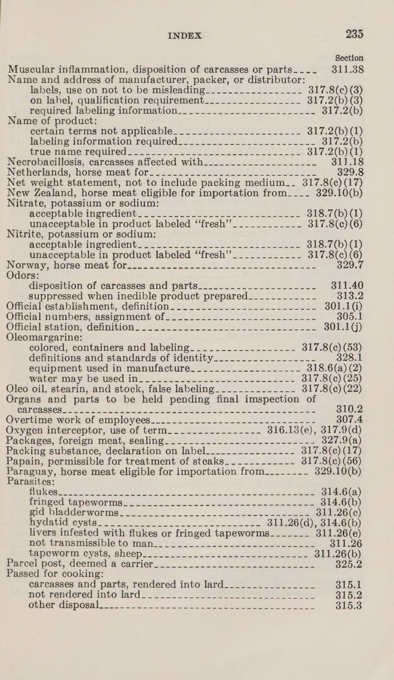 ld Section Muscular inflammation, disposition of carcasses or parts._.. 311.38 Name and address of manufacturer, packer, or distributor: labels, use on not to be misleading____.___________-_ 317.8(c) (3) on label, qualification requirement_________________ SE7.200) 3) required labeling information ._...22222sss2c00-1 [2.222 317.2(b) Name of product: certain terms notvappliéable. 22 272 be 317.2(b) (1) lnbeling- information required 2 = S22 Jesh 2 et 317.2(b) - ‘ie meme required 2005. 0) ue se S| es 317. tps Necrobacillosis, carcasses affected with__.____________-__-_- Netperianas. horse meat fore 222242222 82ee ia so ee $329. 3 Net weight statement, not to include packing medium__ 317.8(c) (17) New Zealand, horse meat eligible for importation from___. 329.10(b) Nitrate, potassium or sodium: Béecepca mle ingredionus. 6 Ses 29. 930k bk ke oS 318.7(b) (1) unacceptable in product labeled ‘“‘fresh”’_._________- 317.8(c) (6) Nitrite, potassium or sodium: geeeptable ingredients (224) JON eee a) ie 318.7(b) (1) unacceptable in product labeled “‘fresh”.___.._____- 317. a) . Norway, Hore meat-for.&lt;- =... 2Suol eR Sse es ee Odors: disposition of carcasses and parts___......_..._--...-- 311.40 suppressed when inedible product prepared_______----- 313.2 Official Gstablishment, definition. 22 202 Jo. &lt;2 So eee 301.1 (i) Gaicial numbers? assignment of 2) ses 202 5S eee 305.1 OMiciabghationrtdomnition® 201i ee iio WO Leis Cad 8 301.1(j) Oleomargarine: colored, containers and labeling_____.-__-_-_----- 317. a7 a definitions and standards of identity_._._.__._._._---------- equipment used in manufacture____._._._.__---------- 318. bt) 73) WiAUEr nina 6 USC 4) oe eee CID 317.8(c) (25) Oleo oil, stearin, and stock, false labeling.__.____._._--_- 317.8(c) (22) Organs and parts to be held pending final imspection of CEO BS CDSS ark St Steed, ties NE on 3h Ad Rea) 2A 310.2 Overtime work -of employecs.....oo...-.2.....J85. ees ees 307.4 Oxygen interceptor, use of term____.._______--- 316.13(e), 317. ee Packages; foreign meat, sealing... 222... ci. .2 LL lell 327.9(a Packing substance, declaration on label___...._..------- Sie 8(c) (17) Papain, permissible for treatment of steaks__....------ 317.8(c) (56) Paraguay, horse meat eligible for importation from_____--- 329.10(b) Parasites: NRE taiiy yi MOS ed ere es ee ne 314.6(a) Mpaiged tapeworilss oo. bol iG. ool Bees eaaese eee 314.6(b) er PrsGC cr wOrims. 2205 5. ae eee eee 311.26(c) RUC VES ee oS ei oe ee 311. 26a), ce 6(b) livers infested with flukes or fringed tapeworms. _-_-__-- 1.26(e) Mec Uransinissiple torman.. bs. 26) cee deplectet ets ae ree mapewerm ¢ysts, sheep. &lt;...i4--¢-eteo nee eee 311.26(b) Parcel post, deemed 4, Carrier... &lt;-csereuecdecess oo. 325.2 Passed for cooking: carcasses and parts, rendered into lard_______________- 315.1 Hiet.reucered ime lard sos ee ee ee 315.2 SUB GINGIE DONE oo obs St oi ea ee RI eee iret 315.3