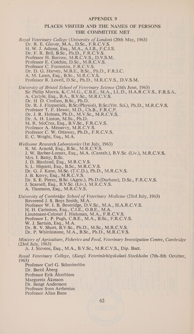 PLACES VISITED AND THE NAMES OF PERSONS THE COMMITTEE MET Royal Veterinary College (University of London) (20th May, 1963) Dr. R. E. Glover, M.A., D.Sc., F.R.C.V.S. H. W. J. Adams, Esq. M. A., A.LB. Y inh OARS! Drek. RR Bell, B.Sc. mine E.R.CVS. Professor H. Burrow, M.R.C.V.S., D.V.S.M. Professor E. Cotchin, DS¢.anM:R.C.VS; Professor C. Formston, F.R.C.V.S. Dre D, Giharvey (McB Es BSc. 4PhiDs, FE RILC. A. M. Lawn, Esq., B.Sc., M.R.CVS. Professor R. Lovell, D. Sc., Ph.D., M.R.C.V.S., D.V.S.M. University of Bristol School of Veterinary Science (26th June, 1963) Sir Philip Morris, K.C.M.G., C.B.E., M.A., LL.D., H.A.R.C.V.S., F.R.S.A, A. Carlyle, Esq., B.A., B.V.Sc., M.R.C.V.S. Dr. H° DJ Croftons B.Sc, Ph.D: Dr. R. J. Fitzpatrick, B.Sc.(Physiol), B.Sc.(Vet. Sci.), Ph.D., M.R.C.V.S. Professor T. F. Hewer, M.D., Ch.B., F.R.C.P. Dr. J. R. Holmes, Ph.D., M.V.Sc., M.R.C.V.S. Lie eAcst s kantonyiVvisc, PhDs M. R. McCrea, Esq., B.V.Sc., F.R.C.V.S. Professor A. Messervy, M.R.C.V.S. Professor C. W. Ottaway, Ph.D., F.R.C.V.S. E. C. Wright, Esq., M.A. Wellcome Research Laboratories (1st July, 1963) R. M. Arnold, Esq., B.Sc., M.R.C.V.S. J. W. Barber-Lomax, Esq., M.A. (Cantab.), B.V.Sc. (Liv.), M.R.C.V.S. Mrs. I. Batty, B.Sc. J. D. Blaxland, Esq., M.R.C.V.S. S. L. Hignett, Esq., B.Sc., M.R.C.V.S. Dr. G.J)-Kane.tMiSe! G..C-D.), Ph.D 4M.R.G.NGS. J. B. Kerry, Esq., M.R.C.V.S. Dr. S. E. Piercy, B.Sc. (Agric.), Ph.D.(Durham), D.Sc., F.R.C.V.S. J. Scarnell, Esq., B.V.Sc. (Liv.), M.R.C.V.S. A. Thomson, Esq., M.R.C.V.S. University of Cambridge School of Veterinary Medicine (23rd July, 1963) Reverend J. S. Boys Smith, M.A. Professor W. I. B. Beveridge, D.V.Sc., M.A., H.A.R.C.V.S. H. H. Carleston, Esq:, C.1.E., O.B.E., M.A. Lieutenant-Colonel J. Hickman, M.A., F.R.C.V.S. Professor L. P. Pugh, C.B.E., M.A., B.Sc., F.R.C.V.S. W. J. Sartain, Esq., M.A. Dr.-R.sV. Short, B.V.Sc., Ph: Ds, Misc ViR-C.V3s. Dr. P. Whittlestone, M.A., B.Sc., Ph.D., M.R.C.V.S. Ministry of Agriculture, Fisheries and Food, Veterinary Investigation Centre, Cambridge (23rd July, 1963) A. J. Stevens, Esq., M.A., B.V.Sc., M.R.C.V.S., Dip. Bact. Royal Veterinary College, (Kungl. Veterindrhégskolan) Stockholm (7th-8th October, 1963 Ae eae Carl G. Schmiterlow Dr. Bertil Aberg Professor Erik Akerblom Margareta Akesson Dr. Bengt Andersson Professor Sven Arrhenius Professor Allan Bane ey
