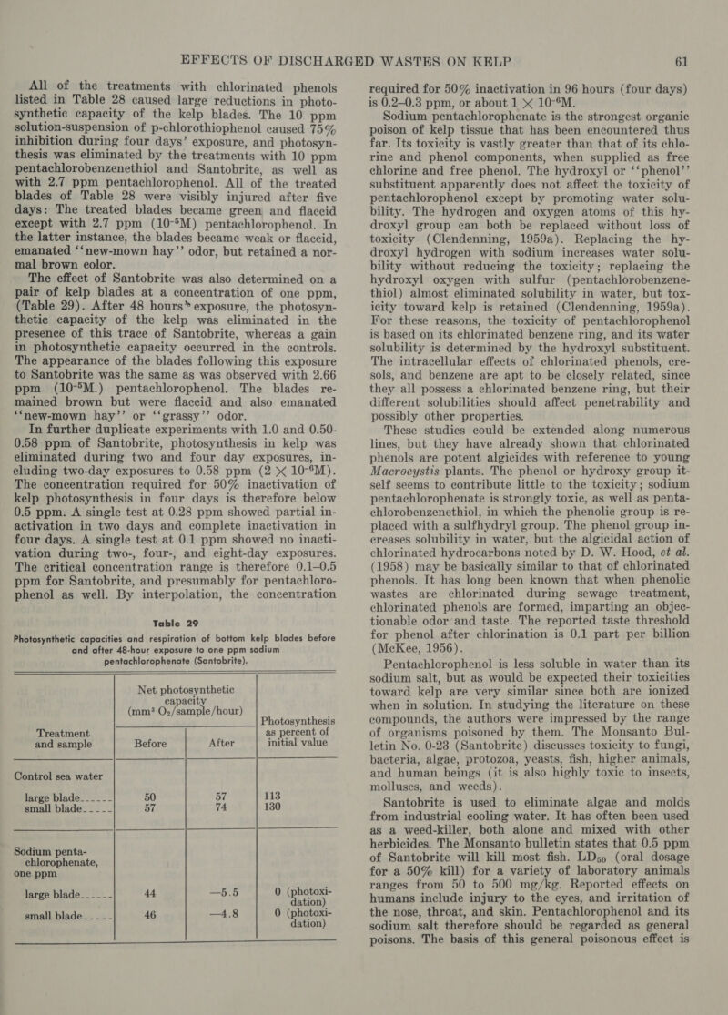 All of the treatments with chlorinated phenols listed in Table 28 caused large reductions in photo- synthetic capacity of the kelp blades. The 10 ppm solution-suspension of p-chlorothiophenol caused 75% inhibition during four days’ exposure, and photosyn- thesis was eliminated by the treatments with 10 ppm pentachlorobenzenethiol and Santobrite, as well as with 2.7 ppm pentachlorophenol. All of the treated blades of Table 28 were visibly injured after five days: The treated blades became green and flaccid except with 2.7 ppm (10-°M) pentachlorophenol. In the latter instance, the blades became weak or flaccid, emanated ‘‘new-mown hay’’ odor, but retained a nor- mal brown color. The effect of Santobrite was also determined on a pair of kelp blades at a concentration of one ppm, (Table 29). After 48 hours” exposure, the photosyn- thetic capacity of the kelp was eliminated in the presence of this trace of Santobrite, whereas a gain in photosynthetic capacity occurred in the controls. The appearance of the blades following this exposure to Santobrite was the same as was observed with 2.66 ppm (10-°M.) pentachlorophenol. The blades re- mained brown but were flaccid and also emanated ‘‘new-mown hay’’ or ‘‘grassy’’ odor. In further duplicate experiments with 1.0 and 0.50- 0.58 ppm of Santobrite, photosynthesis in kelp was eliminated during two and four day exposures, in- cluding two-day exposures to 0.58 ppm (2 * 10-°M). The concentration required for 50% inactivation of kelp photosynthésis in four days is therefore below 0.5 ppm. A single test at 0.28 ppm showed partial in- activation in two days and complete inactivation in four days. A single test at 0.1 ppm showed no inacti- vation during two-, four-, and eight-day exposures. The critical concentration range is therefore 0.1—0.5 ppm for Santobrite, and presumably for pentachloro- phenol as well. By interpolation, the concentration Table 29 Photosynthetic capacities and respiration of bottom kelp blades before and after 48-hour exposure to one ppm sodium pentachlorophenate (Santobrite).   Net photosynthetic capacity (mm? O,/sample/hour) Photosynthesis Treatment as percent of and sample Before After initial value Control sea water large blade__-_--- 50 57 113 small blade- - - -- 57 74 130 Sodium penta- chlorophenate, one ppm large blade__-_-- 44 —5.5 0 (photoxi- dation) small blade - - - -- 46 —4.8 0 (photoxi- dation) a ee ne required for 50% inactivation in 96 hours (four days) is 0.2-0.3 ppm, or about 1 &amp; 10-®M. Sodium pentachlorophenate is the strongest organic poison of kelp tissue that has been encountered thus far. Its toxicity is vastly greater than that of its chlo- rine and phenol components, when supplied as free chlorine and free phenol. The hydroxy! or ‘‘phenol’’ substituent apparently does not affect the toxicity of pentachlorophenol except by promoting water solu- bility. The hydrogen and oxygen atoms of this hy- droxyl group can both be replaced without loss of toxicity (Clendenning, 1959a). Replacing the hy- droxyl hydrogen with sodium increases water solu- bility without reducing the toxicity; replacing the hydroxyl oxygen with sulfur (pentachlorobenzene- thiol) almost eliminated solubility in water, but tox- icity toward kelp is retained (Clendenning, 1959a). For these reasons, the toxicity of pentachlorophenol is based on its chlorinated benzene ring, and its water solubility is determined by the hydroxyl substituent. The intracellular effects of chlorinated phenols, ecre- sols, and benzene are apt to be closely related, since they all possess a chlorinated benzene ring, but their different solubilities should affect penetrability and possibly other properties. These studies could be extended along numerous lines, but they have already shown that chlorinated phenols are potent algicides with reference to young Macrocystis plants. The phenol or hydroxy group it- self seems to contribute little to the toxicity; sodium pentachlorophenate is strongly toxic, as well as penta- chlorobenzenethiol, in which the phenolic group is re- placed with a sulfhydryl group. The phenol group in- creases solubility in water, but the algicidal action of chlorinated hydrocarbons noted by D. W. Hood, et al. (1958) may be basically similar to that of chlorinated phenols. It has long been known that when phenolic wastes are chlorinated during sewage treatment, chlorinated phenols are formed, imparting an objec- tionable odor’and taste. The reported taste threshold for phenol after chlorination is 0.1 part per billion (McKee, 1956). Pentachlorophenol is less soluble in water than its sodium salt, but as would be expected their toxicities toward kelp are very similar since both are ionized when in solution. In studying the literature on these compounds, the authors were impressed by the range of organisms poisoned by them. The Monsanto Bul- letin No. 0-23 (Santobrite) discusses toxicity to fungi, bacteria, algae, protozoa, yeasts, fish, higher animals, and human beings (it is also highly toxic to insects, molluses, and weeds). Santobrite is used to eliminate algae and molds from industrial cooling water. It has often been used as a weed-killer, both alone and mixed with other herbicides. The Monsanto bulletin states that 0.5 ppm of Santobrite will kill most fish. LDso (oral dosage for a 50% kill) for a variety of laboratory animals ranges from 50 to 500 mg/kg. Reported effects on humans include injury to the eyes, and irritation of the nose, throat, and skin. Pentachlorophenol and its sodium salt therefore should be regarded as general poisons. The basis of this general poisonous effect is