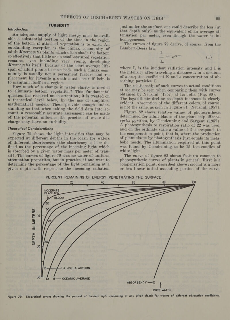 TURBIDITY Introduction An adequate supply of light energy must be avail- able a substantial portion of the time in the region of the bottom if attached vegetation is to exist. An outstanding exception is the climax community of adult Macrocystis plants which often shade the bottom so effectively that little or no small-statured vegetation remains, even including very young, developing Macrocystis itself. Because of the short average life- span of adult plants in most beds, such a climax com- munity is usually not a permanent feature and re- placement by juvenile growth must occur if kelp is to maintain itself in a region. How much of a change in water clarity is needed to eliminate bottom vegetation? This fundamental question has received much attention; it is treated on a theoretical level below, by the use of simplified mathematical models. These provide enough under- standing so that when taking the field data into ac- count, a reasonably accurate assessment can be made of the potential influence the practice of waste dis- charge may have on turbidity. Theoretical Considerations Figure 79 shows the light intensities that may be expected at different depths in the ocean for waters of different absorbencies (the absorbency is here de- fined as the percentage of the incoming light which is absorbed by a given water mass per meter of tran- sit). The curves of figure 79 assume water of uniform attenuation properites, but in practice, if one were to determine the percentage of the light remaining at a given depth with respect to the incoming radiation just under the surface, one could describe the loss (at that depth only) as the equivalent of an average at- tenuation per meter, even though the water is in- homogeneous. The curves of figure 79 derive, of course, from the Lambert-Beers law, I re BO (1) I, where I, is the incident radiation intensity and I is the intensity after traveling a distance L in a medium of absorption coefficient K and a concentration of ab- sorbing particles C. The relationship of such curves to actual conditions at sea may be seen when comparing them with curves obtained by Neushul (1957) at La Jolla (Fig. 80). The logarithmic decline as depth increases is clearly evident. Absorption of the different colors, of course, is not the same, as seen in Figure 81 (Neushul, 1957). Figure 82 shows relative values of photosynthesis determined for adult blades of the giant kelp, Macro- cystis pyrifera, by Clendenning and Sargent (1957). A photosynthesis to respiration ratio of 22 was used, and on the ordinate scale a value of 3 corresponds to the compensation point, that is, where the production of plant tissue by photosynthesis just equals its meta- bolic needs. The illumination required at this point was found by Clendenning to be 15 foot-candles of white light. The curve of figure 82 shows features common to photosynthetic curves of plants in general. First is a compensation point, described above; second is a more or less linear initial ascending portion of the curve, MODERATE 10 DEPTH IN METERS 30 10 8— OCEANIC AVERAGE 60 80 100 Se Se ee ES ABSORBENCY ——2 PURE WATER