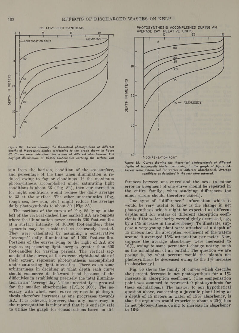 RELATIVE PHOTOSYNTHESIS 0 3 20 40 60 SATURATION —— — COMPENSATION POINT | | | | Ao | | | | /30 20 | /2 | /2° DEPTH IN METERS 30 | aol | Figure 84. Curves showing the theoretical photosynthesis at different depths of Macrocystis blades conforming to the graph shown in figure 82. Curves were determined for waters of different absorbencies. Full daylight illumination of 10,000 foot-candles entering the surface was assumed. sun from the horizon, condition of the sea surface, and percentage of the time when illumination is re- duced owing to fog or cloudiness. If the maximum photosynthesis accomplished under saturating lght conditions is about 66 (Fig. 82), then our correction for night conditions would reduce the daily average to 33 at the surface. The other uncertainties (fog, rough sea, low sun, ete.) might reduce the average daily photosynthesis to about 30 (Fig. 85). The portions of the curves of Fig. 85 lying to the left of the vertical dashed line marked AA are regions where the illumination never exceeds 600 foot-candles at a surface intensity of 10,000 foot-candles; these segments may be considered as accurately located. They were calculated by assuming a conservative ‘faverage’’ daily illumination of 1,000 foot-candles. Portions of the curves lying to the right of AA are regions experiencing light energies greater than 600 foot-candles for varying periods. The vertical seg- ments of the curves, at the extreme right-hand side of their extent, represent photosynthesis accomplished under saturating light intensities. There exists some arbitrariness in deciding at what depth each curve should commerce its leftward bend because of the difficulties in establishing precisely the total illumina- tion in an ‘‘average day’’. The uncertainty is greatest for the smaller absorbencies (I/I, X 100). The ac- curacy with which each curve represents photosyn- thesis therefore increases as one progresses towards AA. It is believed, however, that any inaccuracy in the representation is minor and that it is entirely safe to utilize the graph for considerations based on dif- PHOTOSYNTHESIS ACCOMPLISHED DURING AN AVERAGE DAY, RELATIVE UNITS 10 20 30 O 10 10 — ABSORBENCY DEPTH IN METERS 30 40 4 COMPENSATION POINT Figure 85. Curves showing the theoretical photosynthesis at different depths of Macrocystis blades conforming to the graph of figure 84. Curves were determined for waters of different absorbencies. Average conditions as described in the text were assumed. ferences between one curve and the next (a minor error in a segment of one curve should be repeated in the entire family; when studying differences the minor errors should therefore cancel). One type of ‘‘difference’’ information which it would be very useful to know is the change in net photosynthesis which might be expected at different depths and for waters of different absorption coeffi- cients if the water clarity were slightly decreased, e.g., by a 1% increase in the absorbency. To illustrate, sup- pose a very young plant were attached at a depth of 15 meters and the absorption coefficient of the waters around it averaged 15% attenuation per meter. Now, suppose the average absorbency were increased to 16%, owing to some permanent change nearby, such as the installation of an outfall. The question we are posing is, by what percent would the plant’s net photosynthesis be decreased owing to the 1% increase in absorbency ? Fig. 86 shows the family of curves which describe the percent decrease in net photosynthesis for a 1% increase in absorption coefficient. (The compensation point was assumed to represent 0 photosynthesis for these calculations.) The answer to our hypothetical question above, concerning a juvenile plant living at a depth of 15 meters in water of 15% absorbency, is that the organism would experience about a 20% loss in net photosynthesis owing to increase in absorbency to 16%.