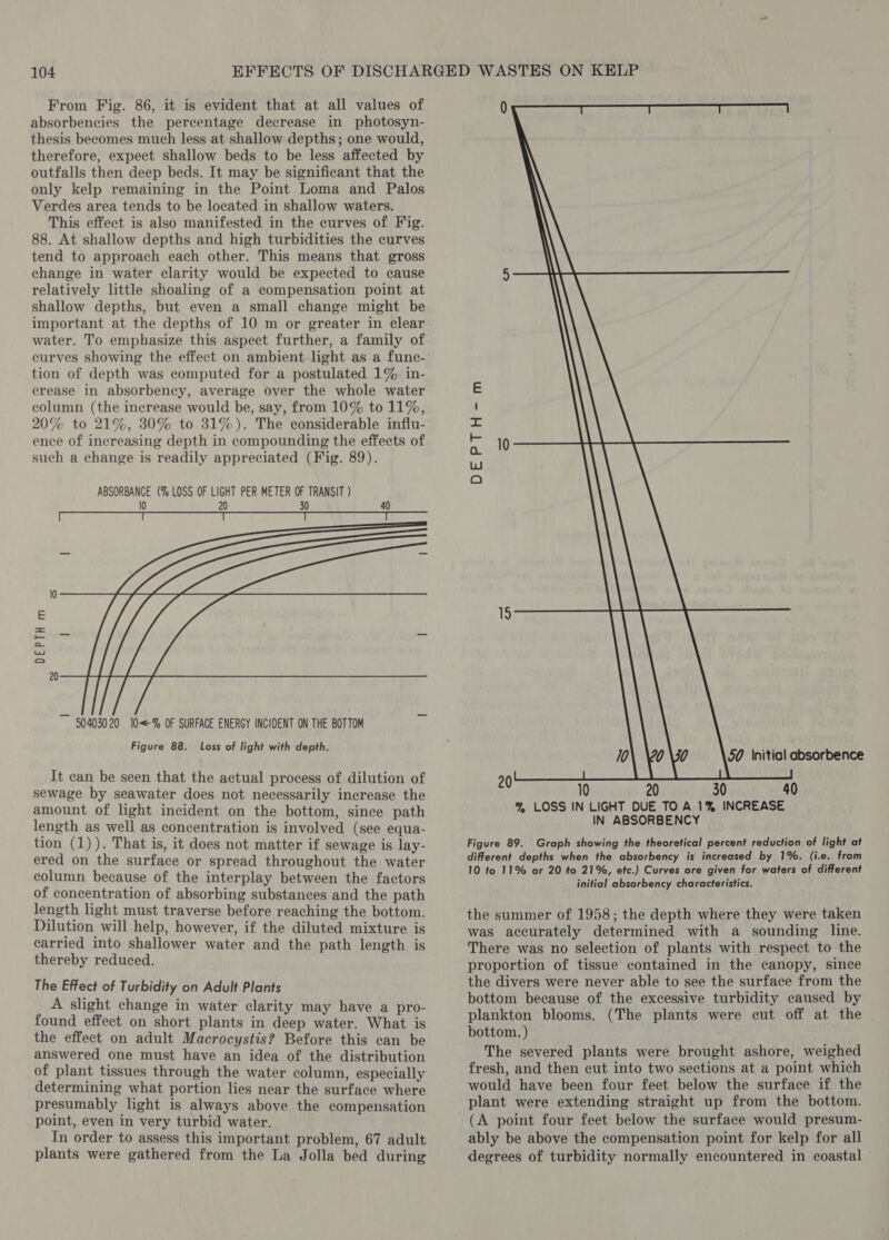 From Fig. 86, it is evident that at all values of absorbencies the percentage decrease in photosyn- thesis becomes much less at shallow depths; one would, therefore, expect shallow beds to be less affected by outfalls then deep beds. It may be significant that the only kelp remaining in the Point Loma and Palos Verdes area tends to be located in shallow waters. This effect is also manifested in the curves of Fig. 88. At shallow depths and high turbidities the curves tend to approach each other. This means that gross change in water clarity would be expected to cause relatively little shoaling of a compensation point at shallow depths, but even a small change might be important at the depths of 10 m or greater in clear water. To emphasize this aspect further, a family of curves showing the effect on ambient light as a func- tion of depth was computed for a postulated 1% in- erease in absorbency, average over the whole water column (the increase would be, say, from 10% to 11%, 20% to 21%, 30% to 31%). The considerable influ- ence of increasing depth in compounding the effects of such a change is readily appreciated (Fig. 89). ABSORBANCE (% LOSS OF LIGHT PER METER OF TRANSIT ) DEPTH m It can be seen that the actual process of dilution of sewage by seawater does not necessarily increase the amount of light incident on the bottom, since path length as well as concentration is involved (see equa- tion (1)). That is, it does not matter if sewage is lay- ered on the surface or spread throughout the water column because of the interplay between the factors of concentration of absorbing substances and the path length light must traverse before reaching the bottom. Dilution will help, however, if the diluted mixture is carried into shallower water and the path length is thereby reduced. The Effect of Turbidity on Adult Plants A slight change in water clarity may have a pro- found effect on short plants in deep water. What is the effect on adult Macrocystis? Before this can be answered one must have an idea of the distribution of plant tissues through the water column, especially determining what portion lies near the surface where presumably light is always above the compensation point, even in very turbid water. In order to assess this important problem, 67 adult plants were gathered from the La Jolla bed during 0 10 DEP EH =sa7 15 20 10 20 30 40 9, LOSS IN LIGHT DUE TO A 1% INCREASE IN ABSORBENCY Figure 89. Graph showing the theoretical percent reduction of light at different depths when the absorbency is increased by 1%. (i.e. from 10 to 11% or 20 to 21%, etc.) Curves are given for waters of different initial absorbency characteristics. the summer of 1958; the depth where they were taken was accurately determined with a sounding line. There was no selection of plants with respect to the proportion of tissue contained in the canopy, since the divers were never able to see the surface from the bottom because of the excessive turbidity caused by plankton blooms. (The plants were cut off at the bottom. ) The severed plants were brought ashore, weighed fresh, and then cut into two sections at a point which would have been four feet below the surface if the plant were extending straight up from the bottom. (A point four feet below the surface would presum- ably be above the compensation point for kelp for all degrees of turbidity normally encountered in coastal