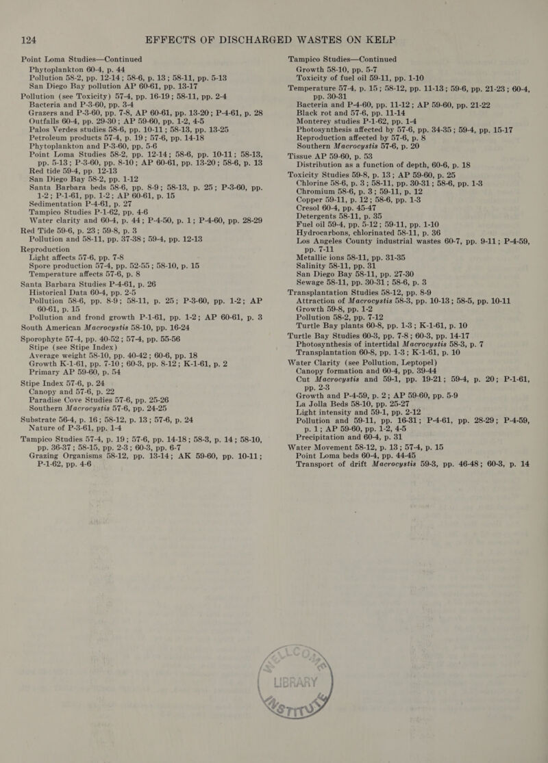 Point Loma Studies—Continued Phytoplankton 60-4, p. 44 Pollution 58-2, pp. 12-14; 58-6, p. 13; 58-11, pp. 5-13 San Diego Bay pollution AP 60-61, pp. 13-17 Pollution (see Toxicity) 57-4, pp. 16-19; 58-11, pp. 2-4 Bacteria and P-3-60, pp. 3-4 Grazers and P-3-60, pp. 7-8, AP 60-61, pp. 13-20; P-4-61, p. 28 Outfalls 60-4, pp. 29-30; AP 59-60, pp. 1-2, 4-5 Palos Verdes studies 58-6, pp. 10-11; 58-13, pp. 13-25 Petroleum products 57-4, p. 19; 57-6, pp. 14-18 Phytoplankton and P-38-60, pp. 5-6 Point Loma Studies 58-2, pp. 12-14; 58-6, pp. 10-11; 58-13, pp. 5-13; P-3-60, pp. 8-10; AP 60-61, pp. 13-20; 58-6, p. 13 Red tide 59-4, pp, 12-13 San Diego Bay 58-2, pp. 1-12 Santa Barbara beds 58-6, pp. 8-9; 58-13, p. 25; P-3-60, pp. 1-2; P-1-61, pp. 1-2; AP 60-61, p. 15 Sedimentation P-4-61, p. 27 Tampico Studies P-1-62, pp. 4-6 Water clarity and 60-4, p. 44; P-4-50, p. 1; P-4-60, pp. 28-29 Red Tide 59-6, p. 23; 59-8, p. 3 Pollution and 58-11, pp. 37-38 ; 59-4, pp. 12-13 Reproduction Light affects 57-6, pp. 7-8 Spore production 57-4, pp. 52-55 ; 58-10, p. 15 Temperature affects 57-6, p. 8 Santa Barbara Studies P-4-61, p. 26 Historical Data 60-4, pp. 2-5 Pollution 58-6, pp. 8-9; 58-11, p. 25; P-3-60, pp. 1-2; AP 60-61, p. 15 Pollution and frond growth P-1-61, pp. 1-2; AP 60-61, p. 3 South American Macrocystis 58-10, pp. 16-24 Sporophyte 57-4, pp. 40-52 ; 57-4, pp. 55-56 Stipe (see Stipe Index) Average weight 58-10, pp. 40-42 ; 60-6, pp. 18 Growth K-1-61, pp. 7-10; 60-8, pp. 8-12; K-1-61, p. 2 Primary AP 59-60, p. 54 Stipe Index 57-6, p. 24 Canopy and 57-6, p. 22 Paradise Cove Studies 57-6, pp. 25-26 Southern Macrocystis 57-6, pp. 24-25 Substrate 56-4, p. 16; 58-12, p. 13; 57-6, p. 24 Nature of P-3-61, pp. 1-4 Tampico Studies 57-4, p. 19; 57-6, pp. 14-18; 58-3, p. 14; 58-10, pp. 36-37 ; 58-15, pp. 2-8; 60-3, pp. 6-7 Grazing Organisms 58-12, pp. 13-14; AK 59-60, pp. 10-11; P-1-62, pp. 4-6 Tampico Studies—Continued Growth 58-10, pp. 5-7 Toxicity of fuel oil 59-11, pp. 1-10 Temperature 57-4, p. 15; 58-12, pp. 11-13; 59-6, pp. 21-23 ; 60-4, pp. 30-31 Bacteria and P-4-60, pp. 11-12; AP 59-60, pp. 21-22 Black rot and 57-6, pp. 11-14 Monterey studies P-1-62, pp. 1-4 Photosynthesis affected by 57-6, pp. 34-35; 59-4, pp. 15-17 Reproduction affected by 57-6, p. 8 Southern Macrocystis 57-6, p. 20 Tissue AP 59-60, p. 53 Distribution as a function of depth, 60-6, p. 18 Toxicity Studies 59-8, p. 18; AP 59-60, p. 25 Chlorine 58-6, p. 3; 58-11, pp. 30-31 ; 58-6, pp. 1-3 Chromium 58-6, p. 3; 59-11, p. 12 Copper 59-11, p. 12; 58-6, pp. 1-3 Cresol 60-4, pp. 45-47 Detergents 58-11, p. 35 Fuel oil 59-4, pp. 5-12; 59-11, pp. 1-10 Hydrocarbons, chlorinated 58-11, p. 36 Los Angeles County industrial wastes 60-7, pp. 9-11; P-4-59, pp. 7-11 Metallic ions 58-11, pp. 31-35 Salinity 58-11, pp. 31 San Diego Bay 58-11, pp. 27-380 Sewage 58-11, pp. 30-81; 58-6, p. 3 Transplantation Studies 58-12, pp. 8-9 Attraction of Macrocystis 58-8, pp. 10-13; 58-5, pp. 10-11 Growth 59-8, pp. 1-2 Pollution 58-2, pp. 7-12 Turtle Bay plants 60-8, pp. 1-8; K-1-61, p. 10 Turtle Bay Studies 60-8, pp. 7-8; 60-3, pp. 14-17 Photosynthesis of intertidal Macrocystis 58-3, p. 7 Transplantation 60-8, pp. 1-3; K-1-61, p. 10 Water Clarity (see Pollution, Leptopel) Canopy formation and 60-4, pp. 39-44 Cut Macrocystis and 59-1, pp. 19-21; 59-4, p. 20; P-1-61, pp. 2-3 Growth and P-4-59, p. 2; AP 59-60, pp. 5-9 La Jolla Beds 58-10, pp. 25-27 Light intensity and 59-1, pp. 2-12 Pollution and 59-11, pp. 16-81; P-4-61, pp. 28-29; P-4-59, p. 1; AP 59-60, pp. 1-2, 4-5 Precipitation and 60-4, p. 31 Water Movement 58-12, p. 13; 57-4, p. 15 Point Loma beds 60-4, pp. 44-45 Transport of drift Macrocystis 59-8, pp. 46-48; 60-3, p. 14 