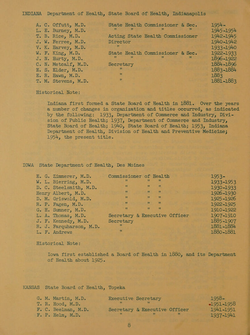 INDIANA A. L. Ea Je V. W. Je C. E. E. Be C. Offutt, M.D. EK. Burney, M.D. B. Rice, M.D. W. Ferree, M.D. K. Harvey, M.D. F. King, M.D. N. Hurty, M.D. N. Metcalf, M.D. S. Elder, M.D. R. Hawn, M.D. M. Stevens, M.D. State Health Commissioner &amp; Sec. Ww Ww caf w Acting State Health Commissioner Director 1! State Health Commissioner &amp; Sec. t Ww bai rt Secretary Ww  1954- 1945-1954 1942-1945 1940-1942 1933-1940 1922-1933 1896-1922 1884-1896 1883-1884 1881-1883 Historical Note: Indiana first formed a State Board of Health in 1881. Over the years a number of changes in organization and titles occurred, as indicated by the following: 1933, Department of Commerce and Industry, Divi- sion of Public Health; 1937, Department of Commerce and Industry, State Board of Health; 1940, State Board of Health; 1953, Indiana Department of Health, Division of Health and Preventive Medicine; 1954, the present title. IOWA State Department of Health, Des Moines E. G. Zimmerer, M.D. Commissioner of Health 1953- W. L. Bierring, M.D. rs Meh Seas 1933-1953 D. C. Steelsmith, M.D. a E  1930-1933 Henry Albert, M.D. - oan Sas 1926-1930 D. M. Griswold, M.D. ; mere. 1925 -1926 R. P. Fagen, M.D. 34 n ” 1922-1925 G. H. Sumner, M.D. % ¥ “ 1910-1922 L. A. Thomas, M.D. Secretary &amp; Executive Officer 1907-1910 J. F. Kennedy, M.D. Secretary | 1885 -1907 R. J. Farquharson, M.D. 4 1881 -1884 L. F. Andrews 1880 -1881 Historical Note: Iowa first established a Board of Health in 1880, and its Department of Health about 1925. KANSAS State Board of Health, Topeka G. M. Martin, M.D. Executive Secretary 1958- T, R. Hood, M.D.  i #1 951-1958 F. C. Beelman, M.D. Secretary &amp; Executive Officer 1941-1951 ” ! F. P. Helm, M.D. : 1937-1941 a