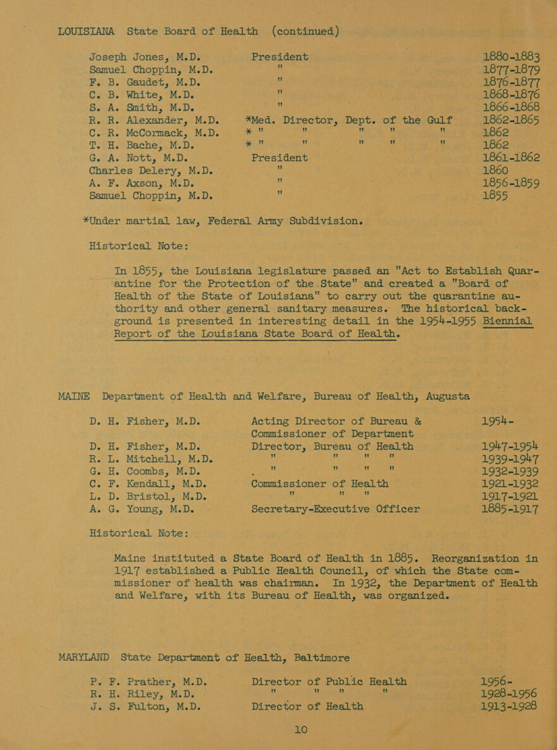 Joseph Jones, M.D. President 1880-1883 Samuel Choppin, M.D. i: 1877-1879 F. B. Gaudet, M.D. a 1876-1877 C. B. White, M.D. w 1868-1876 S.vA.).Snith, M.D. : 1866 -1868 R. R. Alexander, M.D. *Med. Director, Dept. of the Gulf 1862-1865 C. R. McCormack, M.D. Fal) e Hy :  1862 T. H. Bache, M.D. pone + ri = Z 1862 G. A. Nott, M.D. President 1861-1862 Charles Delery, M.D.  1860 A.SF.SAxson,: MODs ‘s 1856-1859 Samuel Choppin, M.D. . 1855 In 1855, the Louisiana legislature passed an Act to Establish Quar- antine for the Protection of the State and created a Board of Health of the State of Louisiana to carry out the quarantine au- The historical back- ground is presented in interesting detail in the 1954-1955 Biennial Report of the Louisiana State Board of Health. H. Fisher, M.D. Acting Director of Bureau &amp; 1954- Commissioner of Department H. Fisher, M.D. Director, Bureau of Health 1947-1954 © L. Mitchell, M.D.. i ¥ Maia 1939-1947 H. Coombs, M.D. Boney fe cA ye 1932-1939 F. Kendall, M.D. Commissioner of Health 1921-1932 D. Bristol, M.D. é Ae hieh 1917-1921 G. Young, M.D. Secretary-Executive Officer 1885 -1917 Maine instituted a State Board of Health in 1885. Reorganization in 19L7 established a Public Health Council, of which the State com- missioner of health was chairman. In 1932, the Department of Health and Welfare, with its Bureau of Health, was organized. 1956- P. F. Prather, M.D. Director of Public Heal R. H. Riley, M.D. Buns betes e 1928-1956 J. S. Fulton, M.D. Director of Health 1913-1928 EE