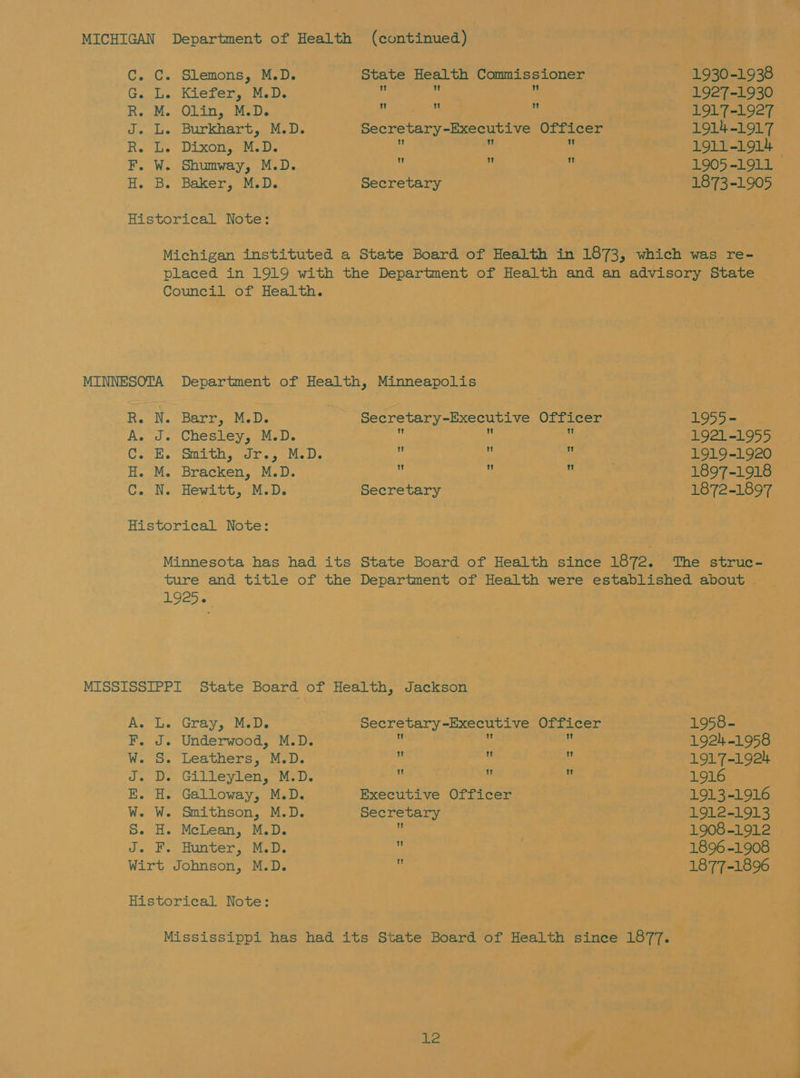 C. C. Slemons, M.D. State Health Commissioner 1930-1938 G. L. Kiefer, M.D. 5  1927-1930 R. M. Olin, M.D. 4 _ . 1917-1927 J. L. Burkhart, M.D. Secretary-Executive Officer 1914-1917 R. L. Dixon, M.D. 4 ‘ i 1911-1914 F. W. Shumway, M.D. Hy ¥ ‘ 1905-1911 H. B. Baker, M.D. Secretary 1873-1905 Historical Note: Michigan instituted a State Board of Health in 1873, which was re- placed in 1919 with the Department of Health and an advisory Stat Council of Health. MINNESOTA Department of Health, Minneapolis R. N. Barr, M.D. Secretary-Executive Officer 1955- A. J. Chesley, M.D. Os  1921-1955 C. E. Smith, Jr., M.D. ¥ . e 1919-1920 H. M. Bracken, M.D. a ‘ 6 , j 1897-1918 C. N. Hewitt, M.D. Secretary 1872-1897 Historical Note: Minnesota has had its State Board of Health since 1872. The struc- ture and title of the Department of Health were established about 1925.6 MISSISSIPPI State Board of Health, Jackson A. L. Gray, M.D. Secretary-Executive Officer 1958 - F. J. Underwood, M.D. A c ¥ 1924-1958 W. S. Leathers, M.D. e ¥ . 1917-1924 J. D. Gilleylen, M.D. R oe Es 1916 E. H. Galloway, M.D. Executive Officer 1913-1916 W. W. Smithson, M.D. Secretary 1912-1913 S. H. McLean, M.D. e 1908-1912 J. F. Hunter, M.D. ) 1896 -1908 Wirt Johnson, M.D. 4 1877-1896 Historical Note: Mississippi has had its State Board of Health since 1877. ic