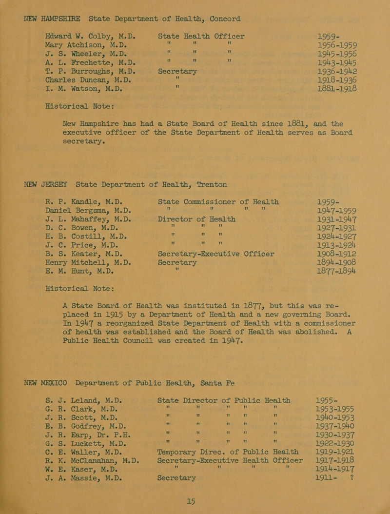Edward W. Colby, M.D. S§$tate Health Officer 1959- Mary Atchison, M.D. m : : 1956-1959 J. S. Wheeler, M.D. y i ‘ 1945 -1956 A. L. Frechette, M.D. y e q | 1943-1945 T. P. Burroughs, M.D. Secretary 1936-1942 : - Charles Duncan, M.D. 4 1918-1936 I. M. Watson, M.D. y . 1881-1918 Historical Note: New Hampshire has had a State Board of Health since 1881, and the executive officer of the State Department of Health serves as Board secretary. NEW JERSEY State Department of Health, Trenton R. P. Kandle, M.D. State Commissioner of Health 1959- Daniel Bergsma, M.D.   rea 1947-1959 J. L. Mahaffey, M.D. Director of Health 1931-1947 | D. C. Bowen, M.D. ” wie a ae 1927-1931 | H. B. Costill, M.D. : ae 1924-1927 ; J. C. Price, M.D. es 1913-1924 : B. S. Keater, M.D. Secretary-Executive Officer 1908-1912 Henry Mitchell, M.D. Secretary 1894-1908 E. M. Hunt, M.D. ; ti 1877-1894 Historical Note: A State Board of Health was instituted in 1877, but this was re- placed in 1915 by a Department of Health and a new governing Board. In 1947 a reorganized State Department of Health with a commissioner of health was established and the Board of Health was abolished. A Public Health Council was created in 197.   _ NEW MEXICO Department of Public Health, Santa Fe Sigs Leland, M.D. State Director of Public Health 19556 G. R. Clark, M.D. Pet CuyeE i  Hy 1953-1955 J. R. Seott, M.D. 4 “ pple y 1940-1953 E. B. Godfrey, M.D. . * Ne ot q 1937-1940 J. R. Earp, Dr. P.dH. : an is ? 1930-1937 G. S. Luckett, M.D. é Ht 7 i Ks 1922-1930 C. E. Waller, M.D. Temporary Direc. of Public Health 1919-1921 R. K. McClanahan, M.D. Secretary-Executive Health Officer 1917-1918 W. E. Kaser, M.D. i s x 1914-1917 J. A. Massie, M.D. Secretary LOI sey 2 1)