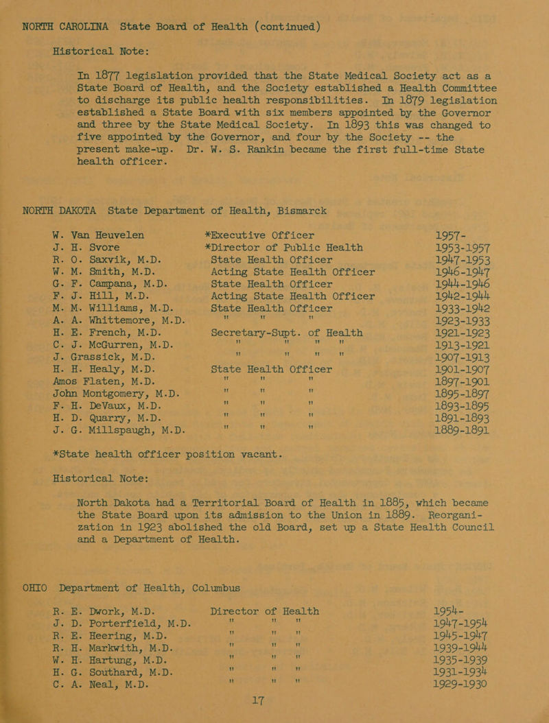 In 1879 legislation In 1893 this was changed to  W. Van Heuvelen *Executive Officer 1957- J. H. Svore *Director of Public Health 1953-1957 ReoO. paxvik, M.D. State Health Officer 1947-1953 W. M. Smith, M.D. Acting State Health Officer 1946-1947 G. F. Campana, M.D. State Health Officer 1944-1916 Bewe Hitt, M.D: Acting State Health Officer 1942-194) M. M. Williams, M.D. State Health Officer 1933-1942 A. A. Whittemore, M.D.  ine a i 1923-1933 ‘ease French, M.D. Secretary-Supt. of Health 1921-1923 Geen McGurren, M.D. e ‘ “ x 1913-1921 J. Grassick, M.D. S a Eh es 1907-1913 ta. Healy, M=D- State Health Officer 1901-1907 Amos Flaten, M.D. a iy 1897-1901 John Montgomery, M.D. 4 n : 1895-1897 F. H. DeVaux, M.D. i 3 C 1893-1895 H. D. Quarry, M.D. q : 1891-1893 J. G. Millspaugh, M.D. : “ : 1889-1891 Qn sw wo PQmmrvueH Director of Health 1! W! WY 17 1954- 1947-1954 1945-1947 1939-1944 1935-1939 1931-1934 1929-1930
