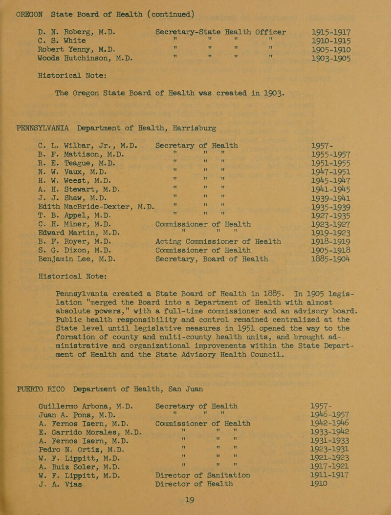 _ OREGON State Board of Health (continued) D..N. Roberg, M.D. Secretary-State Health Officer 1915-1917 Cc. S. White ih Me 4,  1910-1915 Robert Yenny, M.D.  s i. ch 1905-1910 Woods Hutchinson, M.D. 2 “y My iy 1903-1905 Historical Note: —_— &gt; ~~ nN The Oregon State Board of Health was created in 1903. PENNSYLVANIA Department of Health, Harrisburg ee ee C. L. Wilbar, Jr., M.D. Secretary of Health 1957- j B. F. Mattison, M.D. eek y 1955-1957 R. E. Teague, M.D. Mi ae Do ae 1951-1955 N. W. Vaux, M.D. - AA 00 Soe A 1947-1951 H. W. Weest, M.D.  ea 1945-1947 : A. H. Stewart, M.D. ~ i LD ae 1941-1945 Stiles SHAW so MeiDs : LOR 1939-1941 Edith MacBride-Dexter, M.D. 4 reiki 1935-1939 | T. B. Appel, M.D.  petite 1927-1935 . C. H. Miner, M.D. Commissioner of Health 1923-1927 Edward Martin, M.D. : Rett 1919-1923 B. F. Royer, M.D. Acting Commissioner of Health 1918-1919 Siuc. Dixon, M.D, Commissioner of Health 1905-1918 Benjamin Lee, M.D. Secretary, Board of Health 1885-1904 Historical Note: Pennsylvania created a State Board of Health in 1885. In 1905 legis- lation. merged the Board into a Department of Health with almost absolute powers, with a full-time commissioner and an advisory board. Public health responsibility and control remained centralized at the State level until legislative measures in 1951 opened the way to the - formation of county and multi-county health units, and brought ad-~- ministrative and organizational improvements within the State Depart- ment of Health and the State Advisory Health Council. PUERTO RICO Department of Health, San Juan Guillermo Arbona, M.D. Secretary of Health 1957- Juan A. Pons, M.D. Hs APES 1946-1957 A. Fernos Isern, M.D. Commissioner of Health 1942-19h6 E. Garrido Morales, M.D. i a ae! 1933-1942 A. Fernos Isern, M.D. ? Sue 1931-1933 Pedro N. Ortiz, M.D. : Maat 1923-1931 W. F. Lippitt, M.D. iY Sa! 1921-1923 A. Ruiz Soler, M.D. 4 PRY 1917-1921 W. F. Lippitt, M.D. Director of Sanitation 1911-1917 J.) As Vilas Director of Health 1910 
