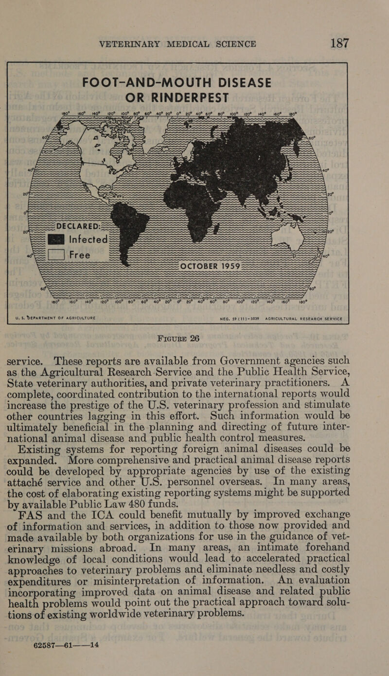 OCTOBER 1959 140° 160° 180° U. S. DEPARTMENT OF AGRICULTURE NEG. 59 (11)-5039 AGRICULTURAL RESEARCH SERVICE FIGURE 26 service. These reports are available from Government agencies such as the Agricultural Research Service and the Public Health Service, State veterinary authorities, and private veterinary practitioners. A complete, coordinated contribution to the international reports would increase the prestige of the U.S. veterinary profession and stimulate other countries lagging in this effort. Such information would be ultimately beneficial in the planning and directing of future inter- national animal disease and public health control measures. Existing systems for reporting foreign animal diseases could be expanded. More comprehensive and practical animal disease reports could be developed by appropriate agencies by use of the existing attaché service and other U.S. personnel overseas. In many areas, the cost of elaborating existing reporting systems might be supported by available Public Law 480 funds. FAS and the ICA could benefit mutually by improved exchange of information and services, in addition to those now provided and made available by both organizations for use in the guidance of vet- erinary missions abroad. In many areas, an intimate forehand knowledge of local conditions would lead to accelerated practical approaches to veterinary problems and eliminate needless and costly expenditures or misinterpretation of information. An evaluation incorporating improved data on animal disease and related public Reh problems would point out the practical approach toward solu- tions of existing worldwide veterinary problems. 62587—61——_14