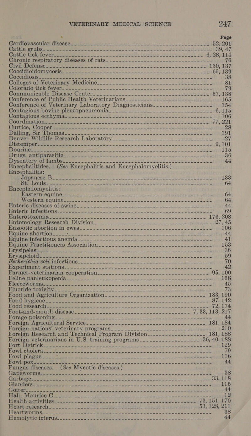, Page ee Oe ee ee 52, 201 eh eee ee Se i ts Te easiest elatisia 39, 47 et eich iever ee eee ey lemios tepiaue jt oi 6, 28, 114 aroma erm Or vagieewses OF Tats es 76 I SESE TS 0 SE ES ean ne a 130, 137 CE ITT OOS RC en 66, 139 ES Es) a ee ee 38 ollevet or) rerio VieOICine Re OY 81 Mra a saienetmimreniem rin ion SI Le 79 Ore Ge ene ase CONeP ne ee we ee i esiele 57,138 Conference of Public Health Veterinarians.._.._..__.-----sLe2- eeu .ee 165 Conference of Veterinary Laboratory Diagnosticians__.........---_-_.- 154 @entacious bovine pleuropneumonia. io eet ee eS 6,115 Mente etois eer bem eaolS seize ST fice Teele ose 106 eerie oe ee a aw SP oe witlodoes soils ives! 2 CT 22k Pe Orie ns ee ne ee te ee i 28 a ea iene ce ep Pe 191 Wenveraiid ernescarch Laboratory........--..--.-----—- ~~... Lew 2k 27 ne ie em mined 9, 101 a ne cetera imine ORE 115 Drues atiiparacties $e SER eS tian ene ty 36 ORCC Ree lie ee oa buwicA sieotowwie I Tog 44 Encephalitides. (See Encephalitis and Encephalomyelitis.) Encephalitis: en ee eno ig Joe St) Loi 133 pi eegeee S gai inet h fash ocotin ) eee R lena 64 Encephalomyelitis: Se eo ap ei ae a Le ON 64 ORRIN Le ULL Sk Re a a a a an EY 1 64 Crees ORIG a ee ee UL 44 Pete eerie ene ee Ne ee be 69 eee eee 176, 208 Ieueoloerae-ecearcn, Division..____-- ee ee ne HE SLE 27, 45 Peete CNT ee ie ee ae a 106 Equine abortion_-_-_-__ Oa SN aS a RS ae Cc Re nN ah i a SE 44 Tee eCUAMI SCI i ee eee es ee 41 Wari ee eit ioners Association... + ee eR 153 Ee cup met ee 36 Ok pe ne eee nnn se 59 Wie Gene OO MTeCWONS 2 ee ee eee eee eee 70 eee ei enenenbereennn te 42 eve Verena cooperation... ee een 95, 100 Dt ee eben ee en ee eke 168 eee eoe 45 Re ee wee eel ate 73 Se ee eeerioniiire Oreanization, ... 2... e eee eee 183, 190 ae nk oe ie ee ie eee 87, 142 re ee Be eee eee nie 72, 174 Bo TET ETS TNS GS 2g gap eg a a 1, 30, 113) 247 a ee oe wee eee dew penne nn eee At UP SSS hs EROS O58 (6,6 a a a pe 181, 184 ae noone syererinary programs... ....5---.----..-aieigeuse 210 Foreign Research and Technical Program Division___._._._....------+-- 181, 188 Foreign veterinarians in U.S. training programs___________=------- 36, 40, 188 Ia ee ee eee dead aah 129 AP re SEE SONG UE St ate yea a a | 2 79 SE ewe HY 3 116 meee I ER Pe a en oo oe Bee 44 Fungus diseases. (See Mycotic diseases.) Ce ee eo ethene We ae 38 fr em Sisk Fre eet oe yl Bos oa) en a 398, 118 A eee een - aes S 115 ie ne oa oe Bee 4 44 re a oo eee eee 12 PR er ctieeeet en a eee iS be agg 63, boloitsO Pieeseocn eee tal eiaeti dk ani bun-baldoect 53, 128, 211 | nn eee cig Boe ope Be es ae 38 Hemolytic icterus______---- een, OR Le ke 44