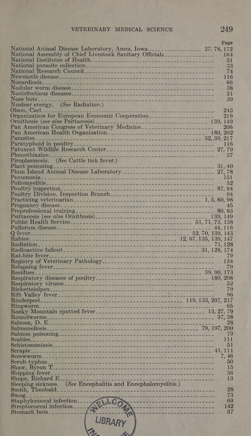 Page National Animal Disease Laboratory, Ames, Iowa_________________ 21; 18; ¥72 National Assembly of Chief Livestock Sanitary Officials________________ 164 Mamet te Unehiinee ttt ealu! oe a a 51 en emert oe MGM ONEC Cre agi De ee Oe Bo Ree Craver ene se ee a es 74 et Reet eee a a Soe ek 116 BEE OS PRI TESST SI Cg gC Ore 66 Pe a Ore i ete 38 Serer alte Career ek 2 ee eg as 31 ee ee er acres 39 Nuelear energy. (See Radiation.) Bh SES a1 SS 2 ig MIE as Sea en a CS tes RM Pane ae 243 Organization for European Economic Cooperation_________________-__- 219 rateis) (eee ene ete.COsIG) 228 log ook oe ee cel ue 139, 149 Pan American Congress of Veterinary Medicine_______________________ 206 Dae a itereateiragit Wreanization 82k is ee oe 180, 202 ee I ee eel ee i a he te Deyo, abe emmnrer RCE MICORN GT Meee ke a 116 Pee G wade esearch Center 2 ogo ee a 27, 79 B80 ORES cena 0 Ch Ps gc ee ee a 37 Piroplasmosis. (See Cattle tick fever.) ae er ee ee ae HL oy a ee eh Co ee 31,40 Pigeon Avinal Disease Laboratory... Se 27,78 pee eae tee ee tees ek SS A et ee ost oe Le 151 eter ae Ie er ee i Oy te Re 52 ean ITER TOea omits Jee En ee ee ae 87, 94 esi tre ee icion, Inapertion Dranch<* 2. bo. el ek 94 ennrmrNCUUIUMEINe oe ee el ee 1, 5, 80, 98 eer eh ee a a oe a 45 eee ine Panne pmo re i ee Se ee 80, 83 ee tarOr eel ser Gis@ A PIViLNOSIS). 0650 2 a 139, 149 Ramee emrmC Perret ee EO Oo oe ee Oh Bil shee, BOS nN ee me eT ee at er SE 44,116 rns See ee ek a 52, 70, 139, 143 TROBE cha re Em Ie Se Arak, Sy ae ek 12, 67, 135, 139, 147 SpE Ee ee ere er oe a ee 71,128 PPI A PP ART OIG en eer i ah a 31, 128, 174 pre OTe re eet ee eh at ey oN ke Sa es 79 Pn rer VeLerIneany | ALNOIOTVs 6 oe oo Le 134 RIE ee er See ee ie Bein wily ee ol 79 SINS CONC ARE USS SOE SS SIs es nae oP agen eee NOS Rapa RO Spal eR 39, 90, 173 peeoemetory M@i-emses OF POUtTY. J ee 189, 208 rege ry VT ieee Rs i SR oe Ae ae 52 RMR RESPEC PRUE a ee a CU ae i oe 79 EO ICV O Re POE ieee le a a i te a 96 EMER ROR ek ae eS) Py eg 119,133,207, 217 RIOi wee enh Shes oe te Se aa 65 Siem Naa) BOLLE fevers. ool ol eee kk 13, 27, 79 RNIN ame ares OL ee le ea os 37, 38 nn Pet ee hoe sh eet ee 28 Reels ean ieee ee ees ele 79, 197, 200 MR AIT rere a oe ee ea oe a 79 I Siete corer Wi UL a Re ee a a ye 111 ERT eee nes an is Shee a a ee eh 51 Se ee Me ee ed ae a ae ea I ee 41,111 Cr elm ere Non er owe ee ee ee le a 7, 46 PEAT ete ee a ewe a 50 PA ete eS a ee Selec eae 15 EET ee a eh OR i eC ee 36 ne tGeme re et a ee ed ak ee 13 Sleeping sickness. (See Encephalitis and Encephalomyelitis.) errs een e ree ee Se le 28 a a Oe i ee ee oe eS a oe 73 pee CORIO eA OY ee ie aed aeons 69 Sree) Aree Ol oo Fe We 2 MN eh ke ce lo ee 142 rn ere ee eee ae ek a ah el San av