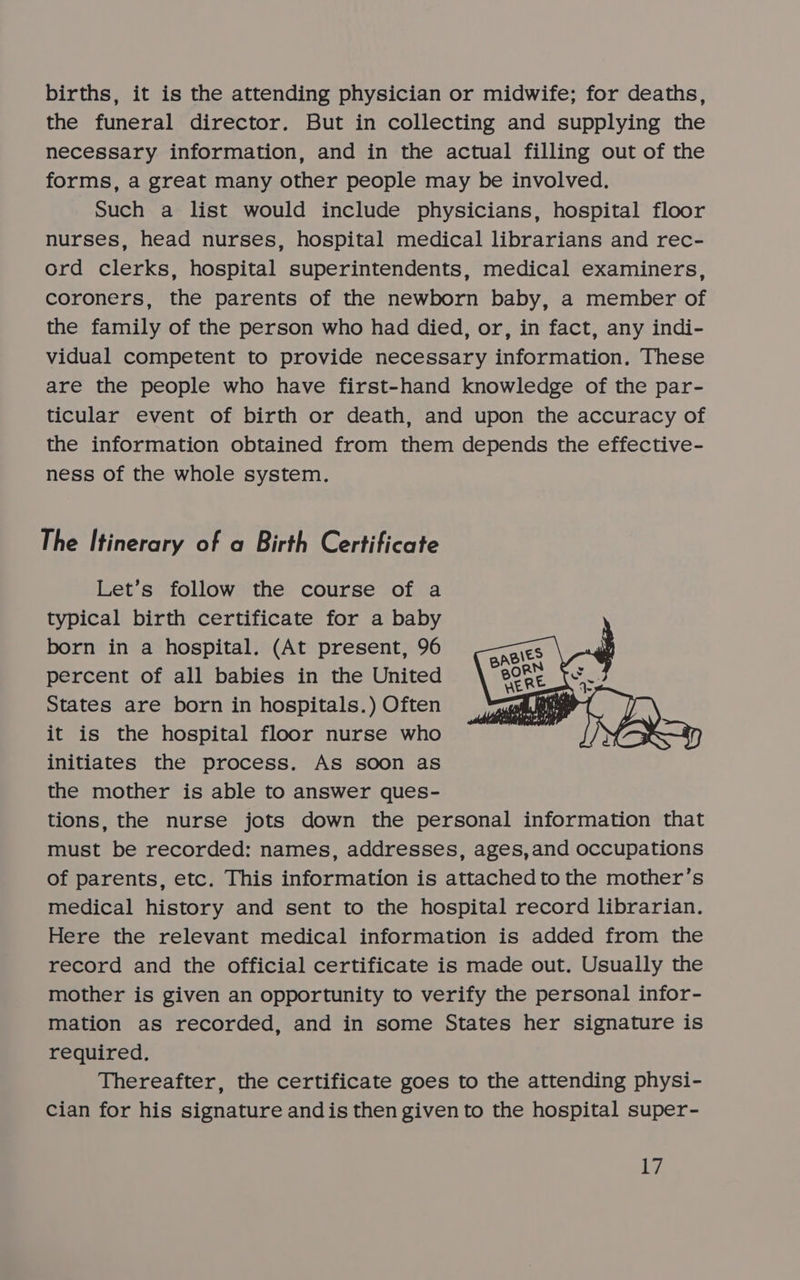 births, it is the attending physician or midwife; for deaths, the funeral director. But in collecting and supplying the necessary information, and in the actual filling out of the forms, a great many other people may be involved. Such a list would include physicians, hospital floor nurses, head nurses, hospital medical librarians and rec- ord clerks, hospital superintendents, medical examiners, coroners, the parents of the newborn baby, a member of the family of the person who had died, or, in fact, any indi- vidual competent to provide necessary information, These are the people who have first-hand knowledge of the par- ticular event of birth or death, and upon the accuracy of the information obtained from them depends the effective- ness of the whole system. The Itinerary of a Birth Certificate Let’s follow the course of a typical birth certificate for a baby born in a hospital. (At present, 96 percent of all babies in the United States are born in hospitals.) Often it is the hospital floor nurse who initiates the process. As soon as the mother is able to answer ques- tions, the nurse jots down the personal information that must be recorded: names, addresses, ages,and occupations of parents, etc. This information is attached to the mother’s medical history and sent to the hospital record librarian. Here the relevant medical information is added from the record and the official certificate is made out. Usually the mother is given an opportunity to verify the personal infor- mation as recorded, and in some States her signature is required, Thereafter, the certificate goes to the attending physi- cian for his signature andis then given to the hospital super- ie